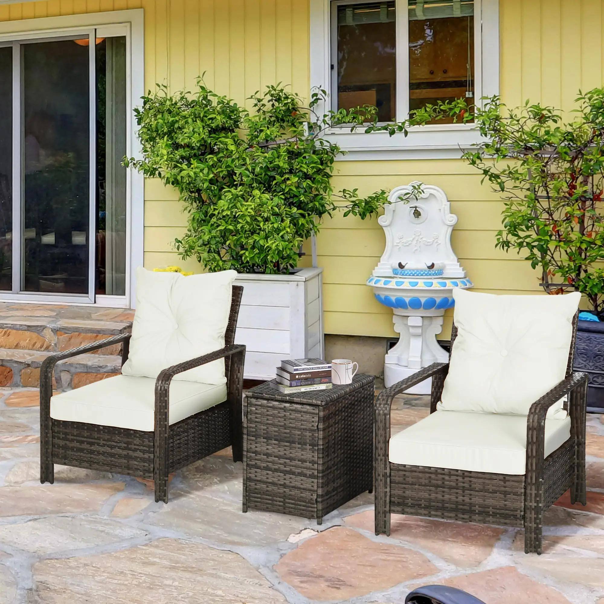 Alt View 6. Spaco - Spaco 3 Piece Patio Furniture, PE Wicker Storage Table and Chairs, Beige - Beige.