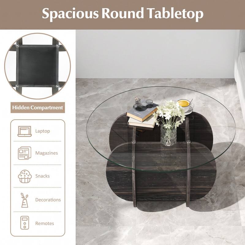 Spacious Round Tabletop

Hidden Compartment

- Laptop
- Magazines
- Snacks
- Decorations
- Remotes