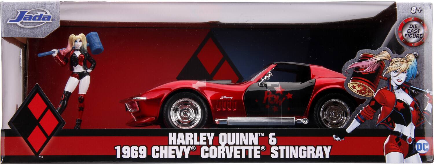 Jada 8+ DIE CAST FIGURE HARLEY QUINN & 1969 CHEVY CORVETTE STINGRAY DC