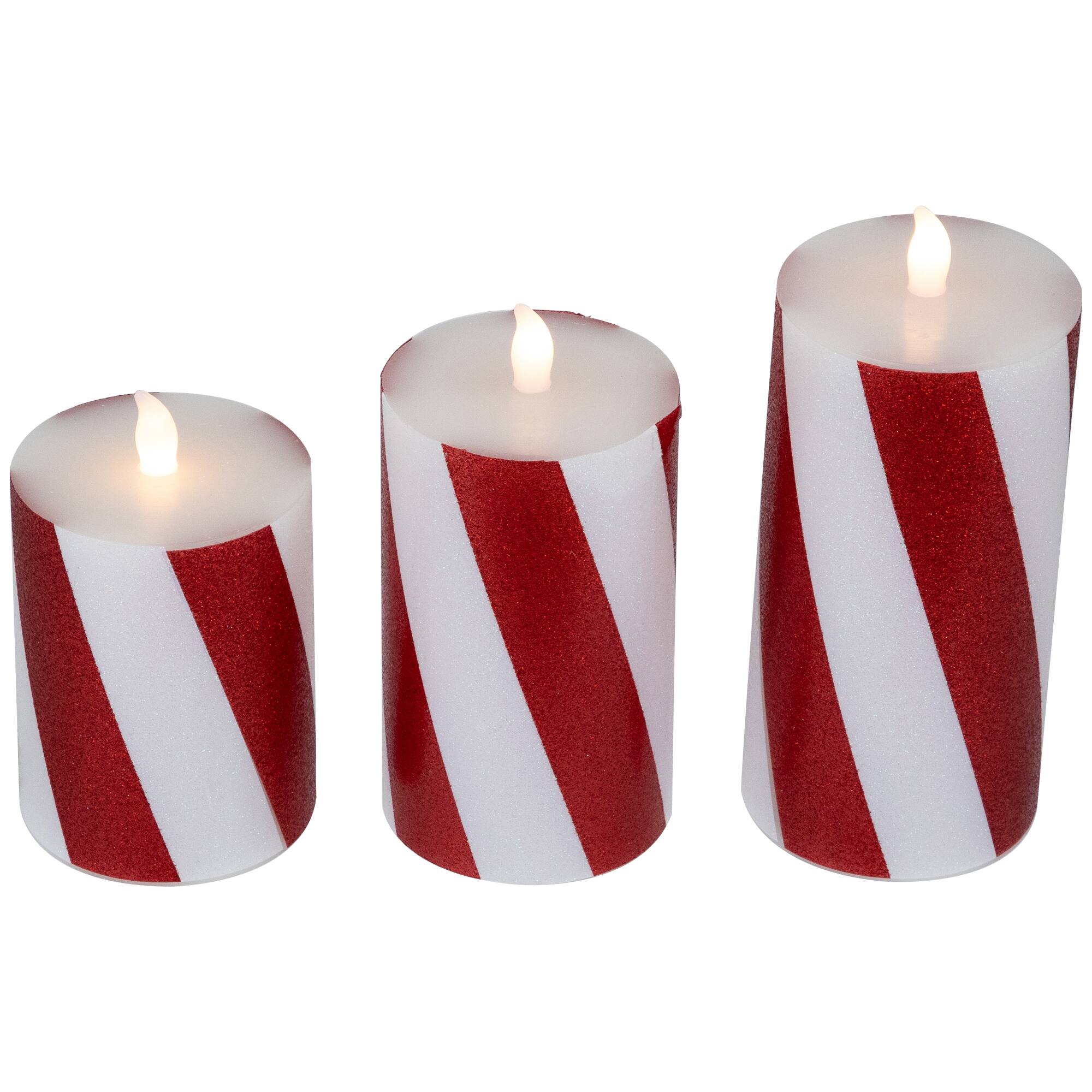Alt View 3. Northlight - LED Flameless Flickering Candy Cane Wax Pillar Christmas Candles - 6" - Set of 3 - Red.