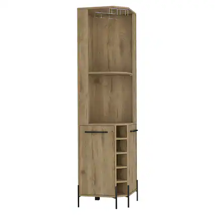 Front. TuHome - Hans Corner Bar Cabinet, Two Shelves, Five Built-In Wine Rack, Bar room - Macadamia.