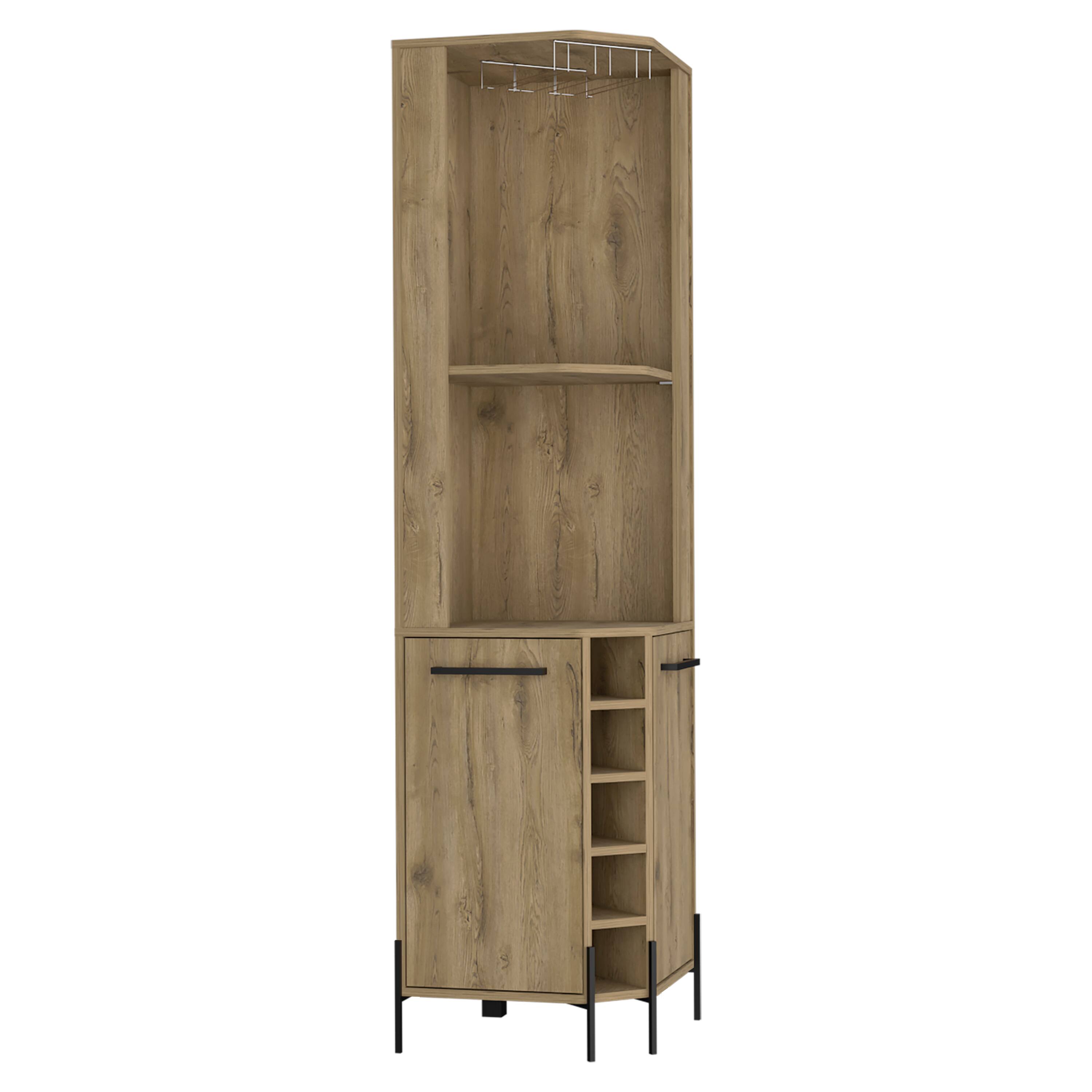 TuHome - Hans Corner Bar Cabinet, Two Shelves, Five Built-In Wine Rack, Bar room - Macadamia