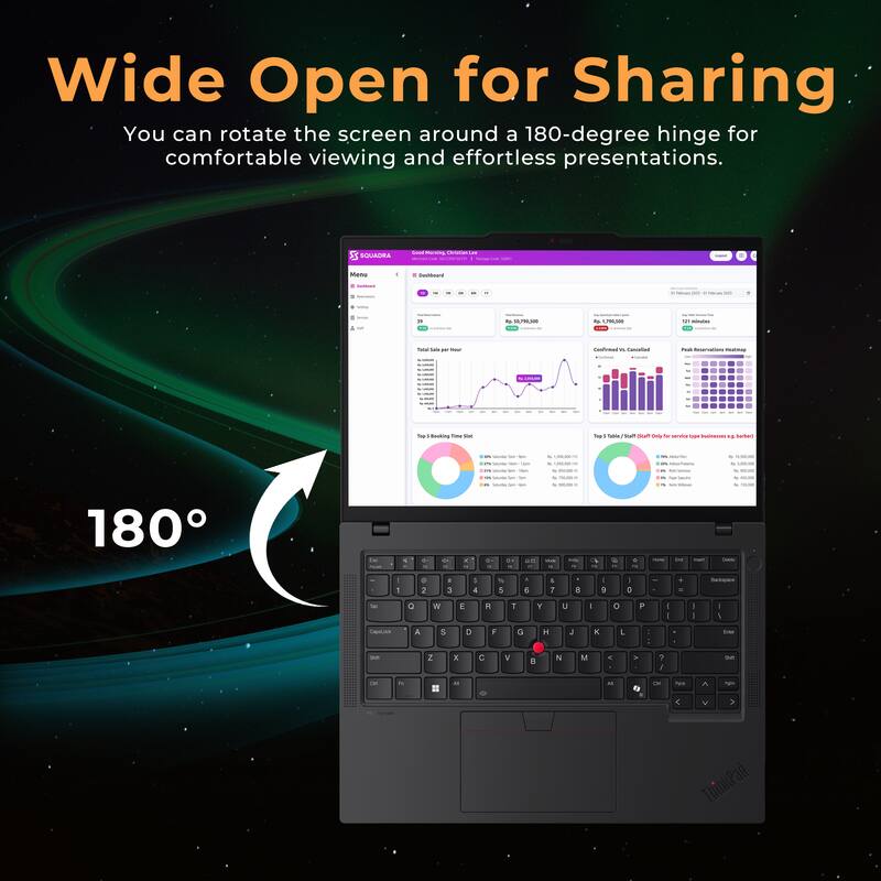 Wide Open for Sharing  
You can rotate the screen around a 180-degree hinge for comfortable viewing and effortless presentations.