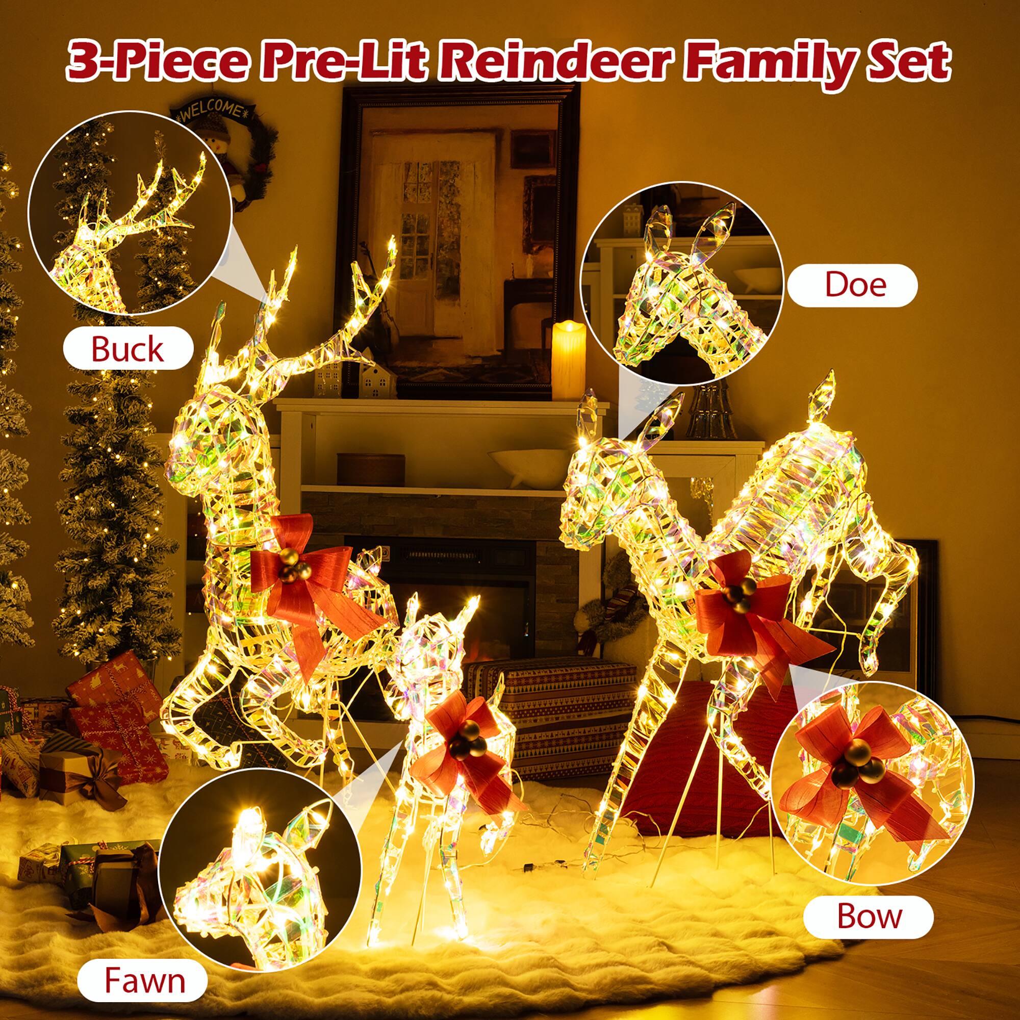 3-Piece Pre-Lit Reindeer Family Set

- Buck
- Doe
- Fawn
- Bow