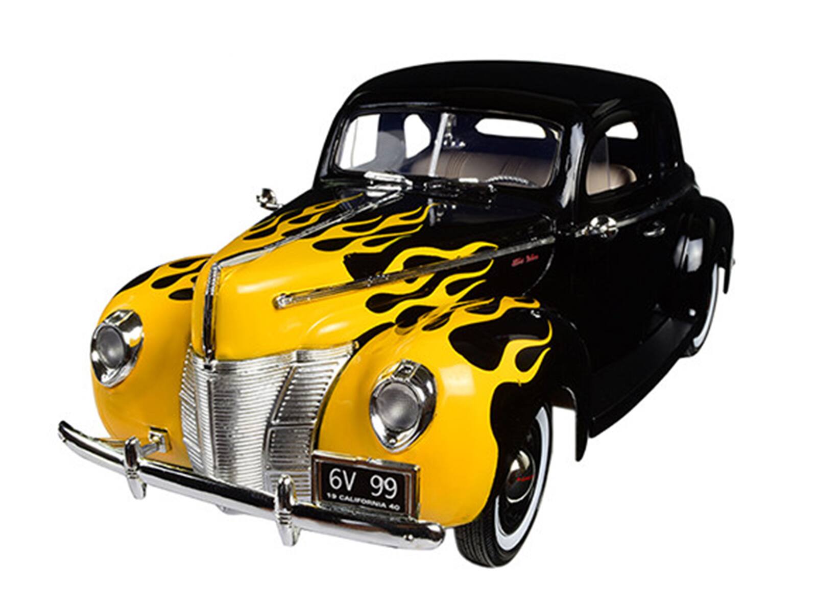 Alt View 1. Motormax - 1940 Ford Deluxe Black with Yellow Flames "Timeless Classics" 1/18 Diecast Model Car by Motormax.