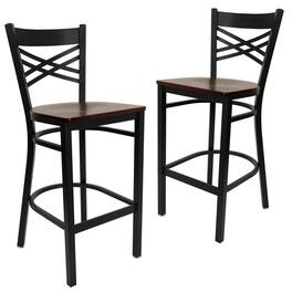 Emma + Oliver - 2 Pack "X" Back Metal Restaurant Barstool - Mahogany Wood Seat/Black Metal Frame