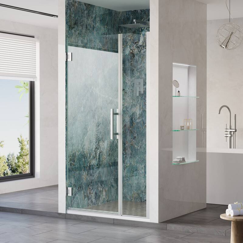 Angle. WELLFOR - 38–39 in. W x 72 in. H Frameless Hinged Shower Door with 3/8" Clear Tempered Glass, Reversible Opening - Chrome.