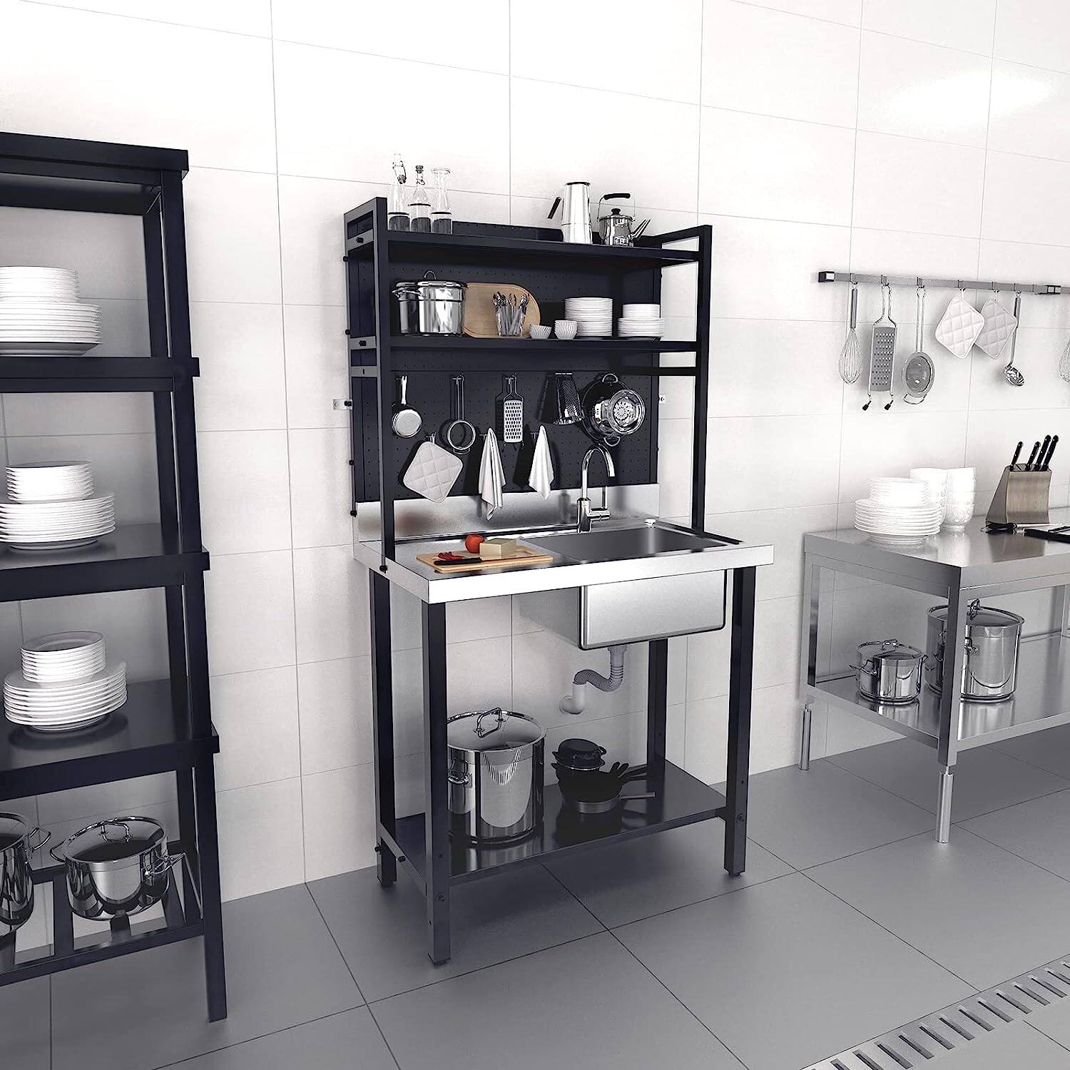 Left. Winado - Commercial Stainless Steel Utility Sink with Drainboard and Adjustable Overshelves & Undershelf for Home Restaurant Prep - Silver & Black.