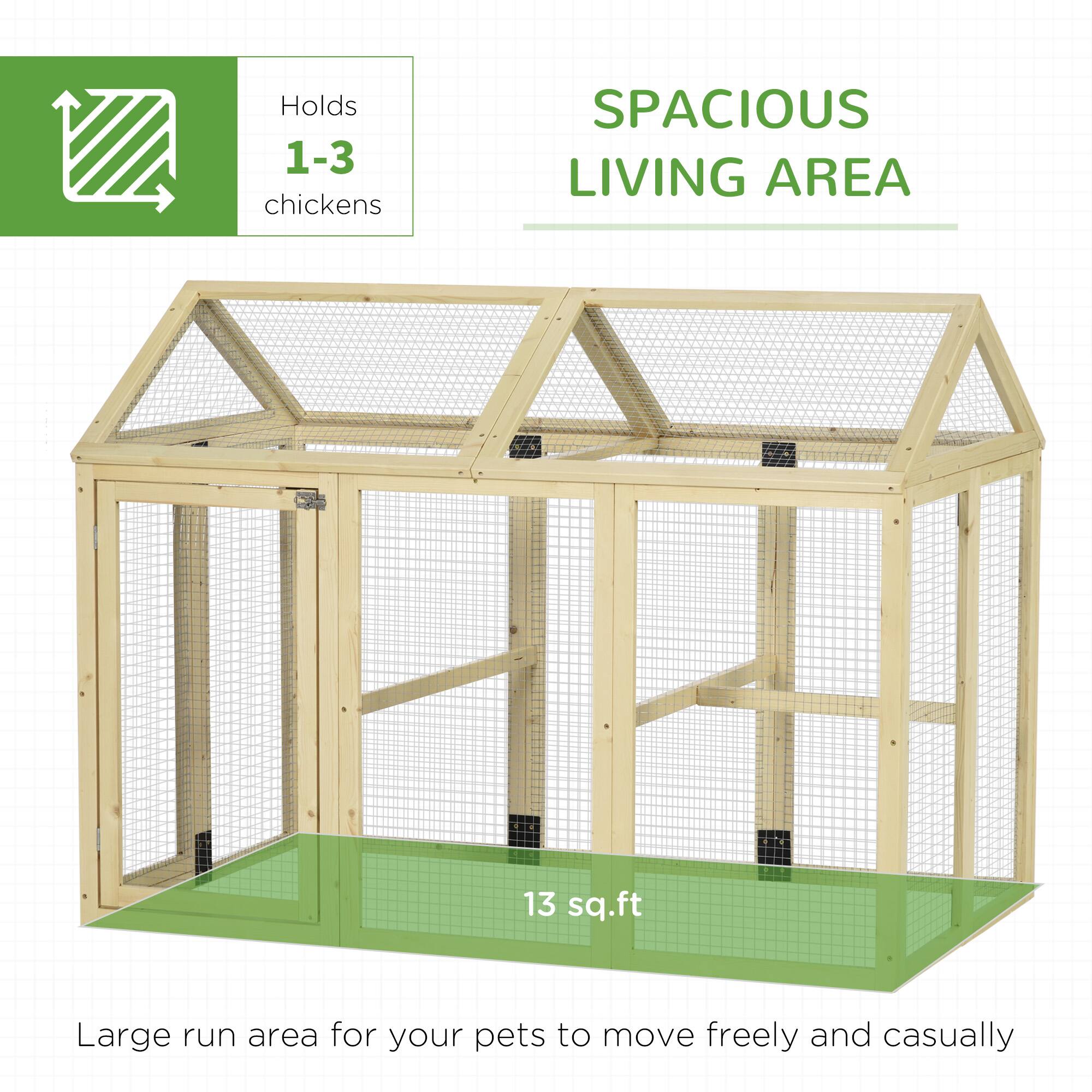 Holds 1-3 chickens

SPACIOUS LIVING AREA

13 sq.ft

Large run area for your pets to move freely and casually