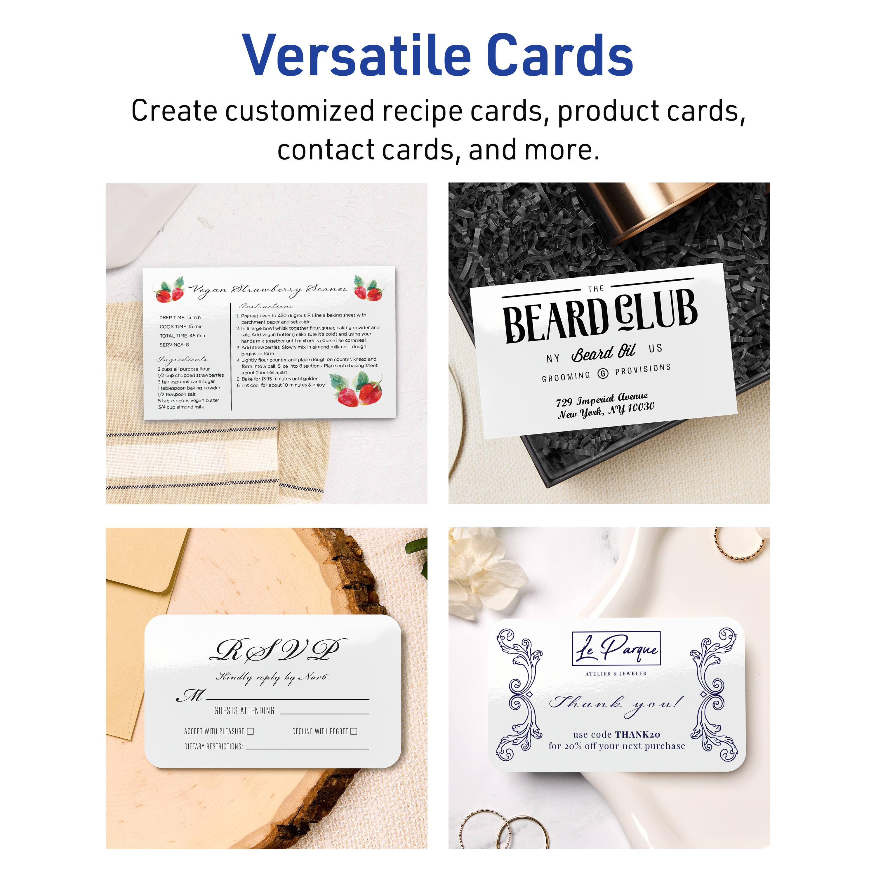 Versatile Cards

Create customized recipe cards, product cards, contact cards, and more.

---

**Vegan Strawberry Scones**

**Prep Time:** 8 min  
**Cook Time:** 15 min  
**Total Time:** 23 min  
**Servings:** 8

**Ingredients:**
- 1 cup all-purpose flour
- 1/2 cup rolled oats
- 1/2 cup chopped fresh strawberries
- 1/4 cup sugar
- 1/4 cup unsweetened applesauce
- 1/4 cup coconut oil, melted
- 1/2 teaspoon baking powder
- 1/2 teaspoon baking soda
- 1/4 teaspoon salt
- 1/4 cup unsweetened almond milk

**Instructions:**
1. Preheat oven to 375°F.
2. In a large bowl, mix all dry ingredients.
3. Add wet ingredients and mix until just combined.
4. Drop by spoonfuls onto a baking sheet lined with parchment paper.
5. Bake for 15 minutes or until golden.

---

**The Beard Club**  
NY Beard Oil US  
GROOMING & PROVISIONS  
729 Imperial Avenue  
New York