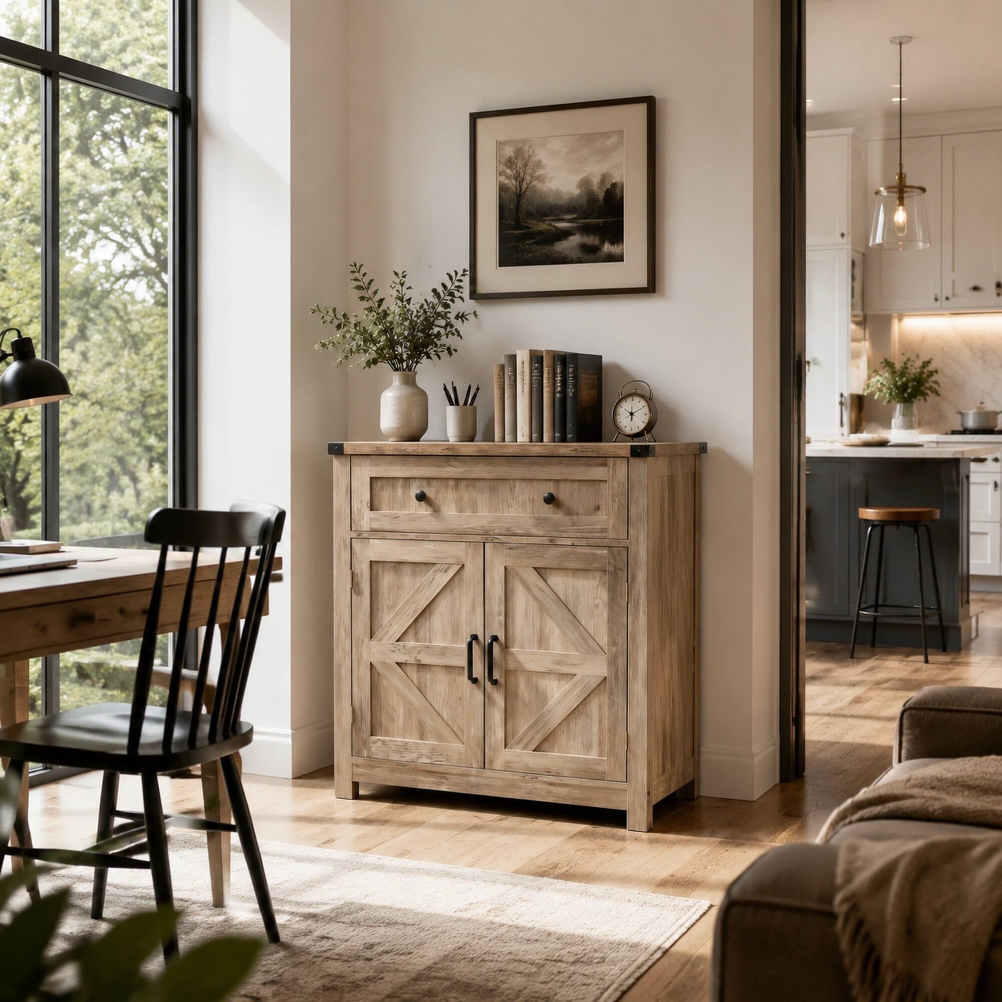 Left. RYHNUYNE - Freestanding Farmhouse Barn-Door Storage Cabinet with Drawer, Coffee Bar Buffet Sideboard, Light Gray - Light Gray.