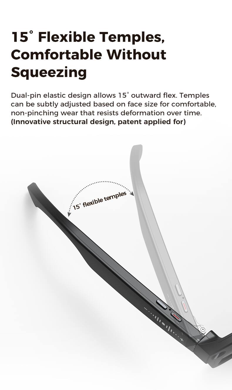 15° Flexible Temples, Comfortable Without Squeezing

Dual-pin elastic design allows 15° outward flex. Temples can be subtly adjusted based on face size for comfortable, non-pinching wear that resists deformation over time. (Innovative structural design, patent applied for)