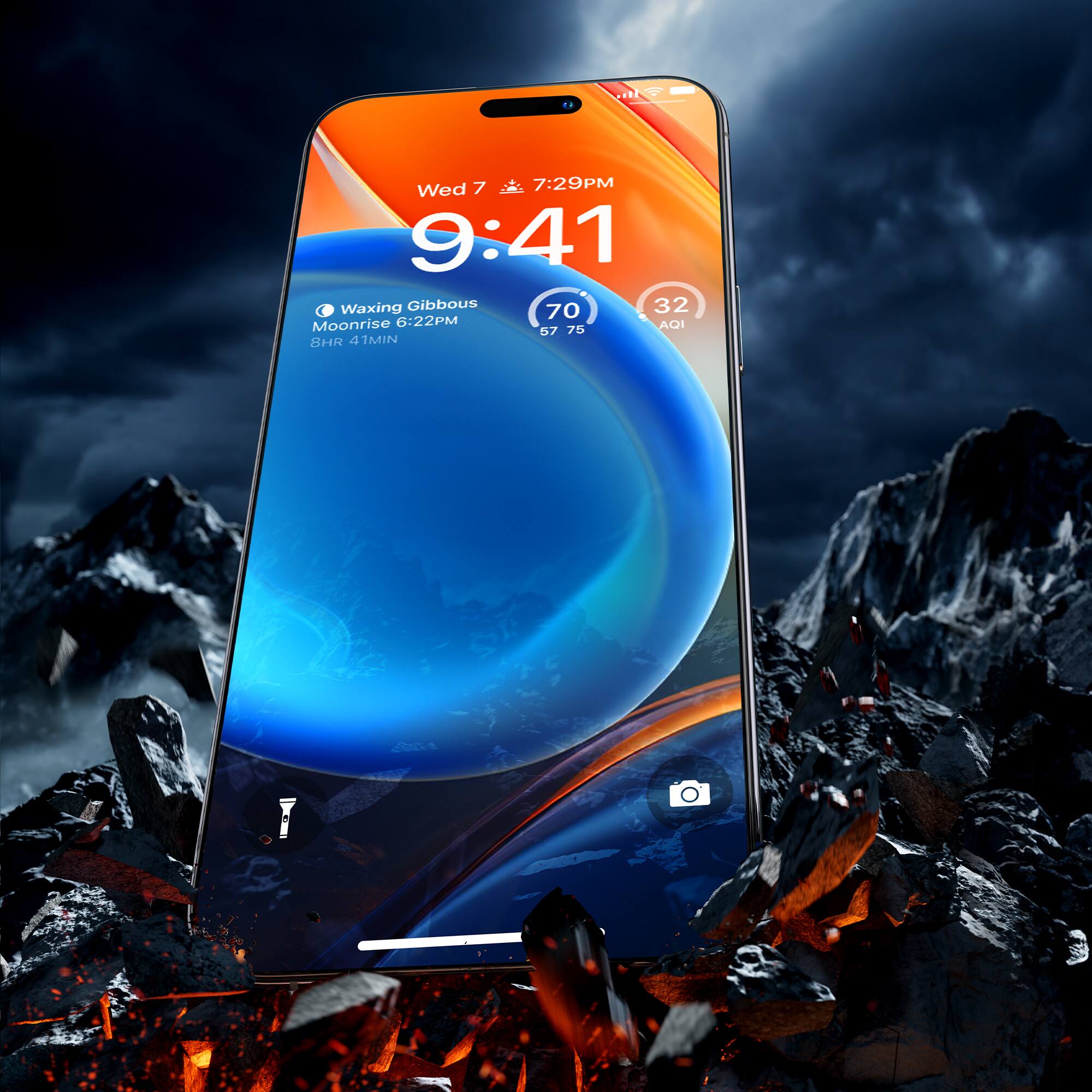 The text on the image reads: "Wed 7 7:29PM 9:41 C Waxing Gibbous 32 70 Moonrise 6:22PM AQI 57 75 BHR A NIWL." The corrected text is: "Wed 7 7:29 PM 9:41 C Waxing Gibbous 32° 70° Moonrise 6:22 PM AQI 57 75 BHR A NIWL."