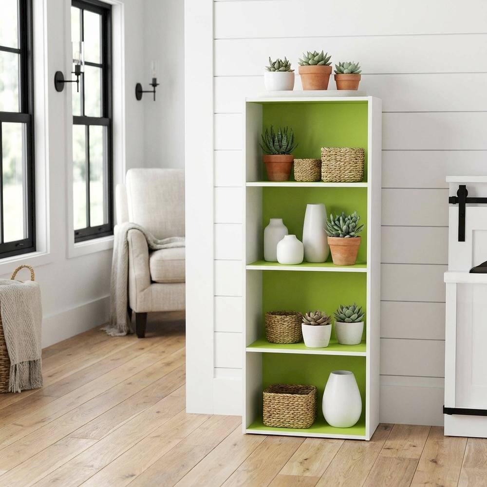 Angle. FurniFact - Open Shelf Bookcase with Engineered Wood Construction for Storage - Green/White.