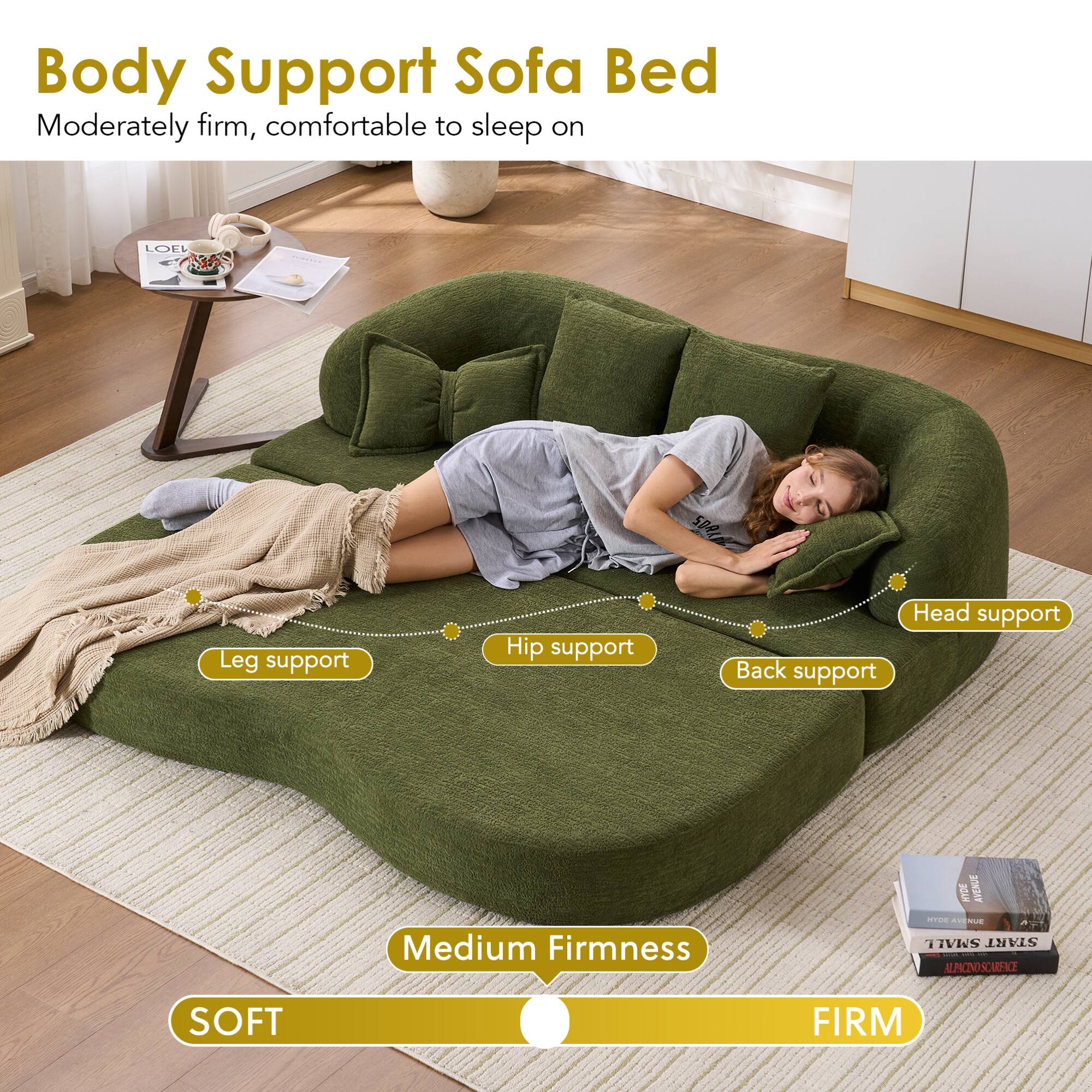 Body Support Sofa Bed  
Moderately firm, comfortable to sleep on  

- Leg support  
- Hip support  
- Back support  
- Head support  

Medium Firmness  
SOFT  
FIRM