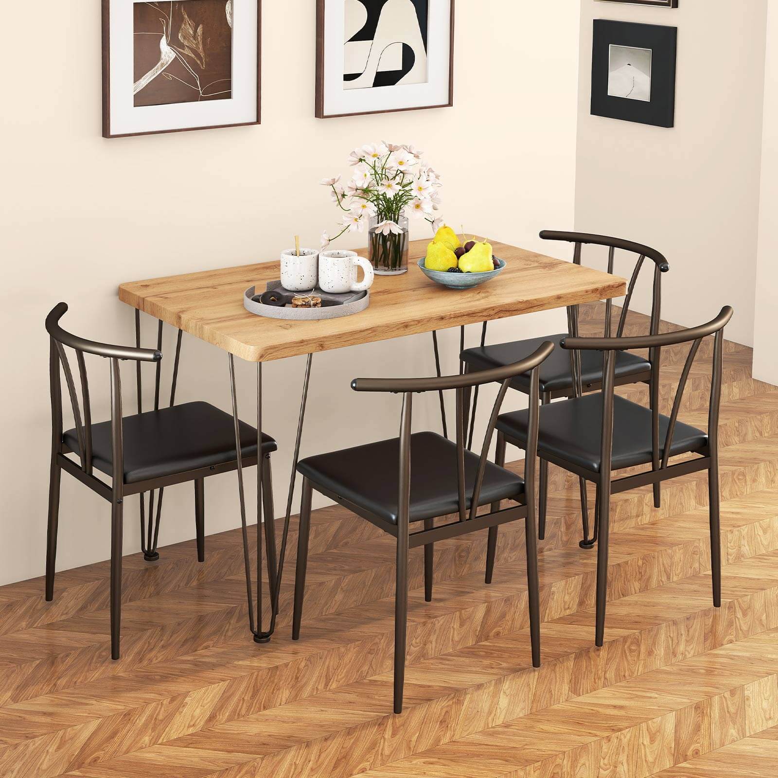 Alt View 4. Costway - Costway Rectangular Kitchen Table & 4 Armless Chairs with Upholstered Seat, Spindle Back - Rustic Oak,Black.