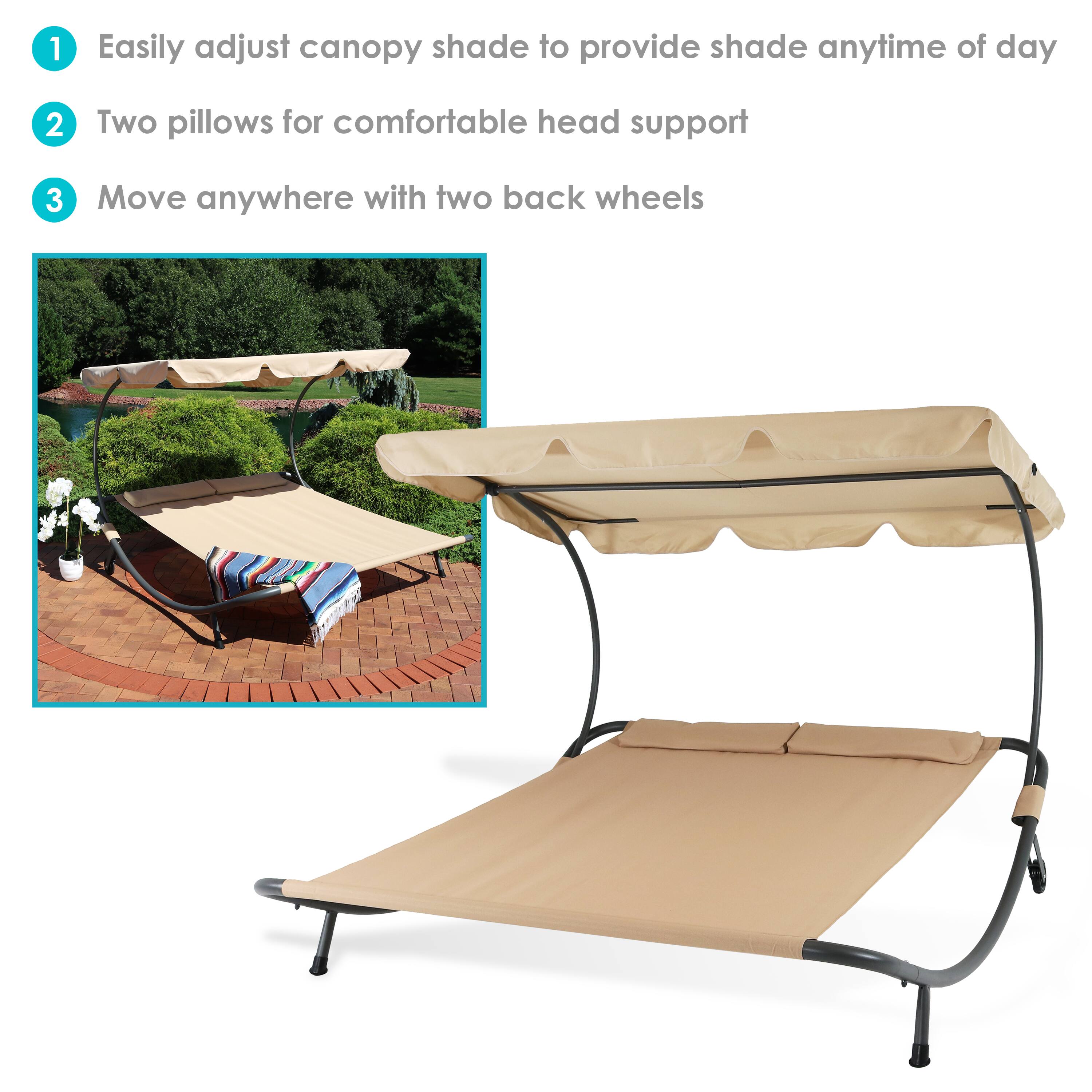 1. Easily adjust canopy shade to provide shade anytime of day  
2. Two pillows for comfortable head support  
3. Move anywhere with two back wheels