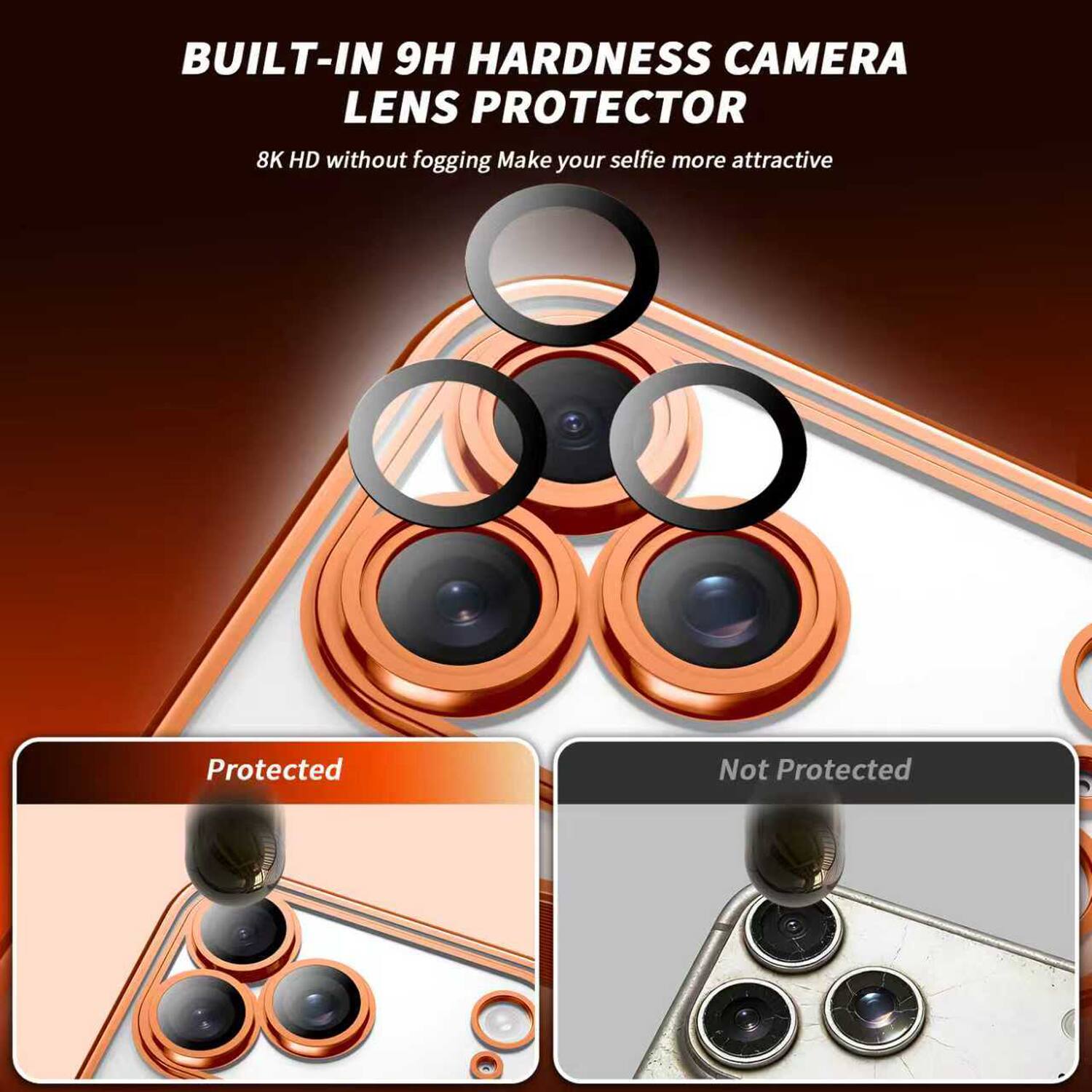 BUILT-IN 9H HARDNESS CAMERA LENS PROTECTOR  
8K HD without fogging  
Make your selfie more attractive  

Protected  
Not Protected