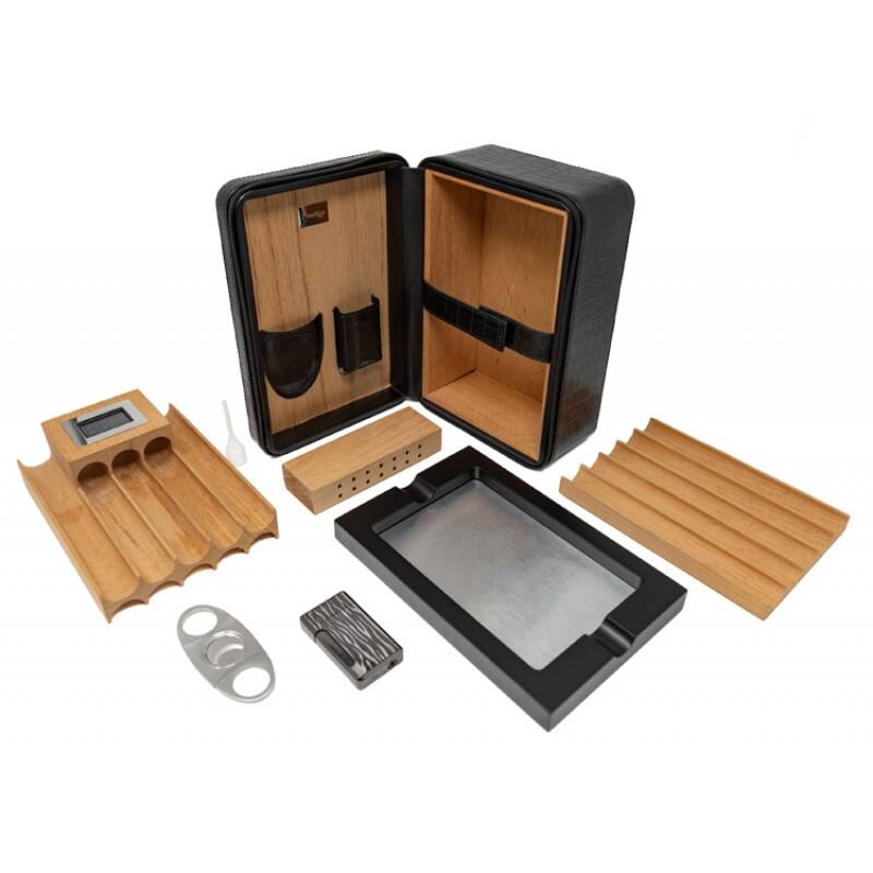 Angle. Prestige - Manhattan XL Travel Humidor (Black) - Black Crocodile Motif Leather.