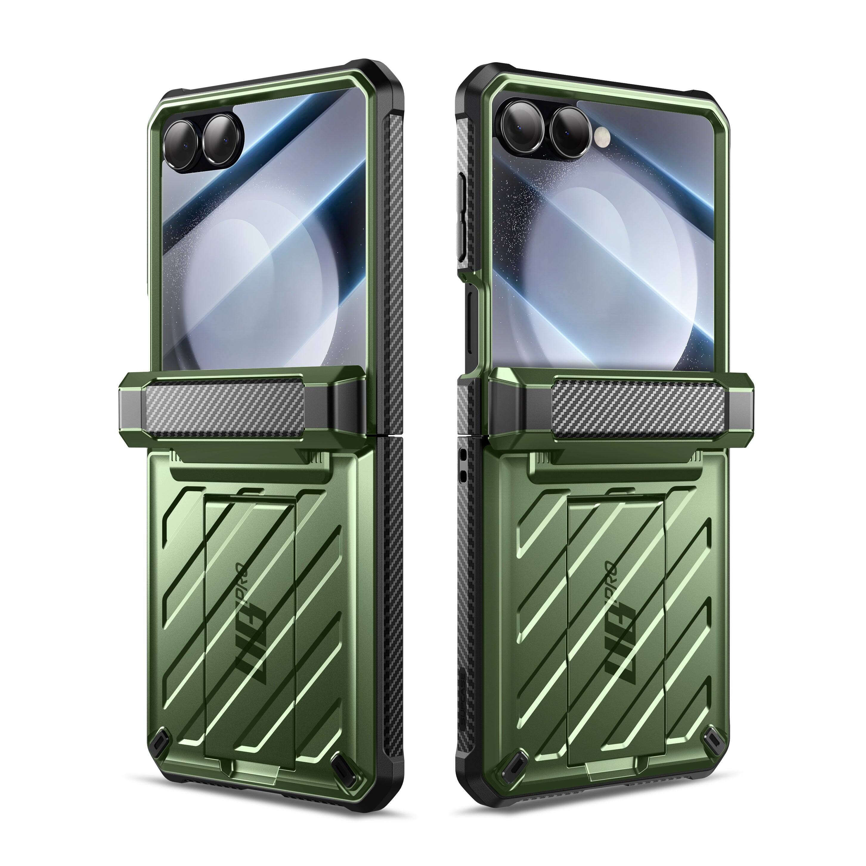 Left. SUPCASE - Galaxy Z Flip7 Unicorn Beetle PRO Rugged Case with Belt Clip-Dark Green - Dark Green.
