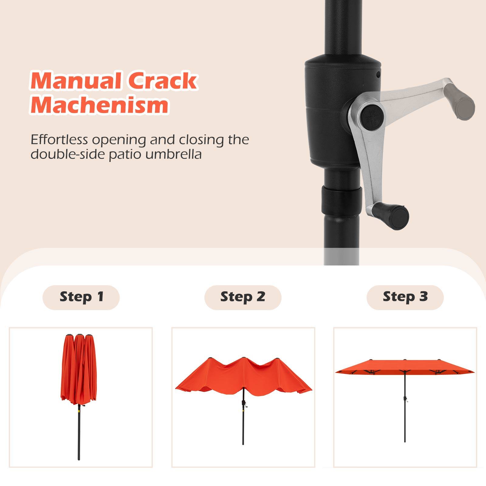 Manual Crack Mechanism
Effortless opening and closing the double-side patio umbrella
Step 1
Step 2
Step 3