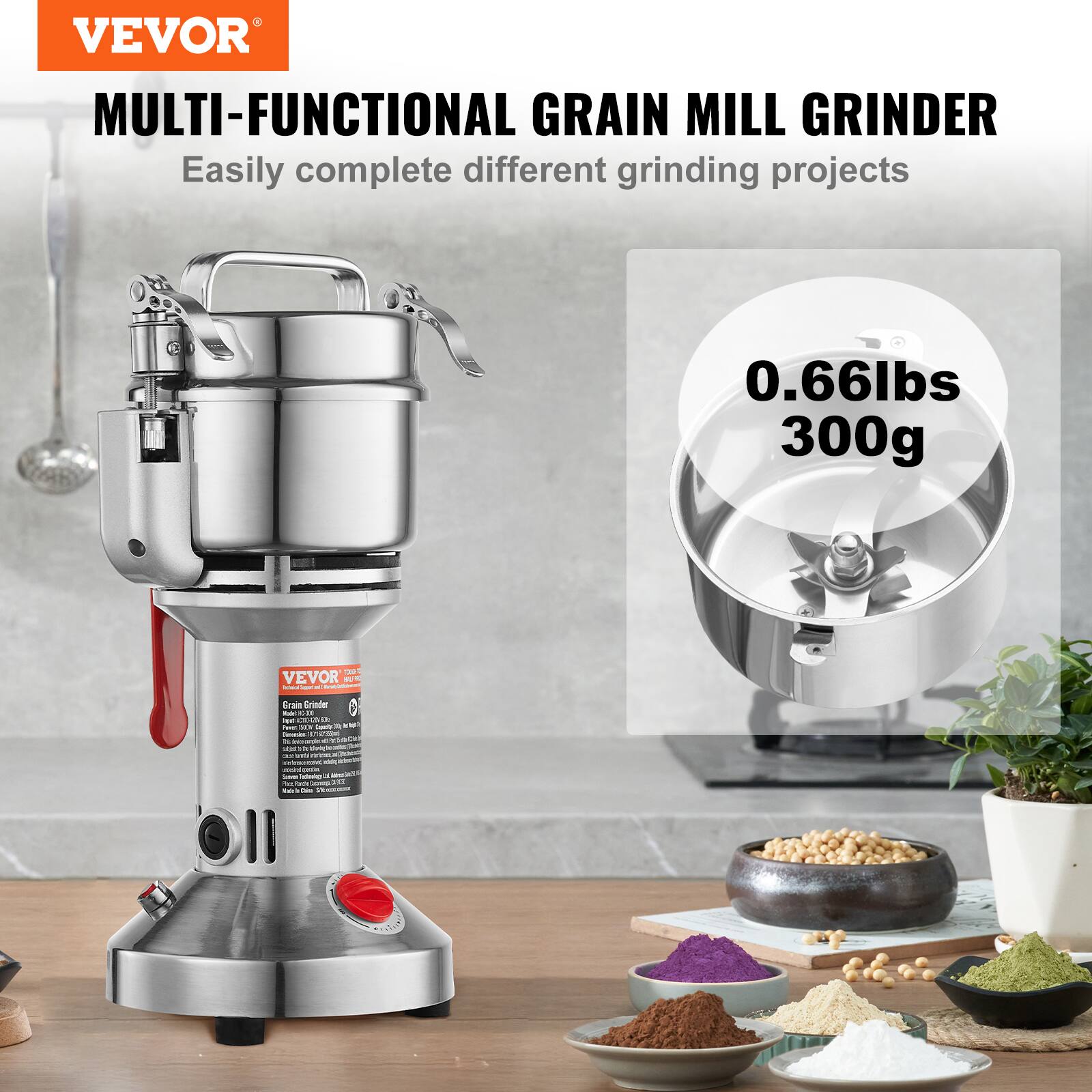 VEVOR  
MULTI-FUNCTIONAL GRAIN MILL GRINDER  
Easily complete different grinding projects  

0.66lbs  
300g  

VEVOR  
Grau Grinder