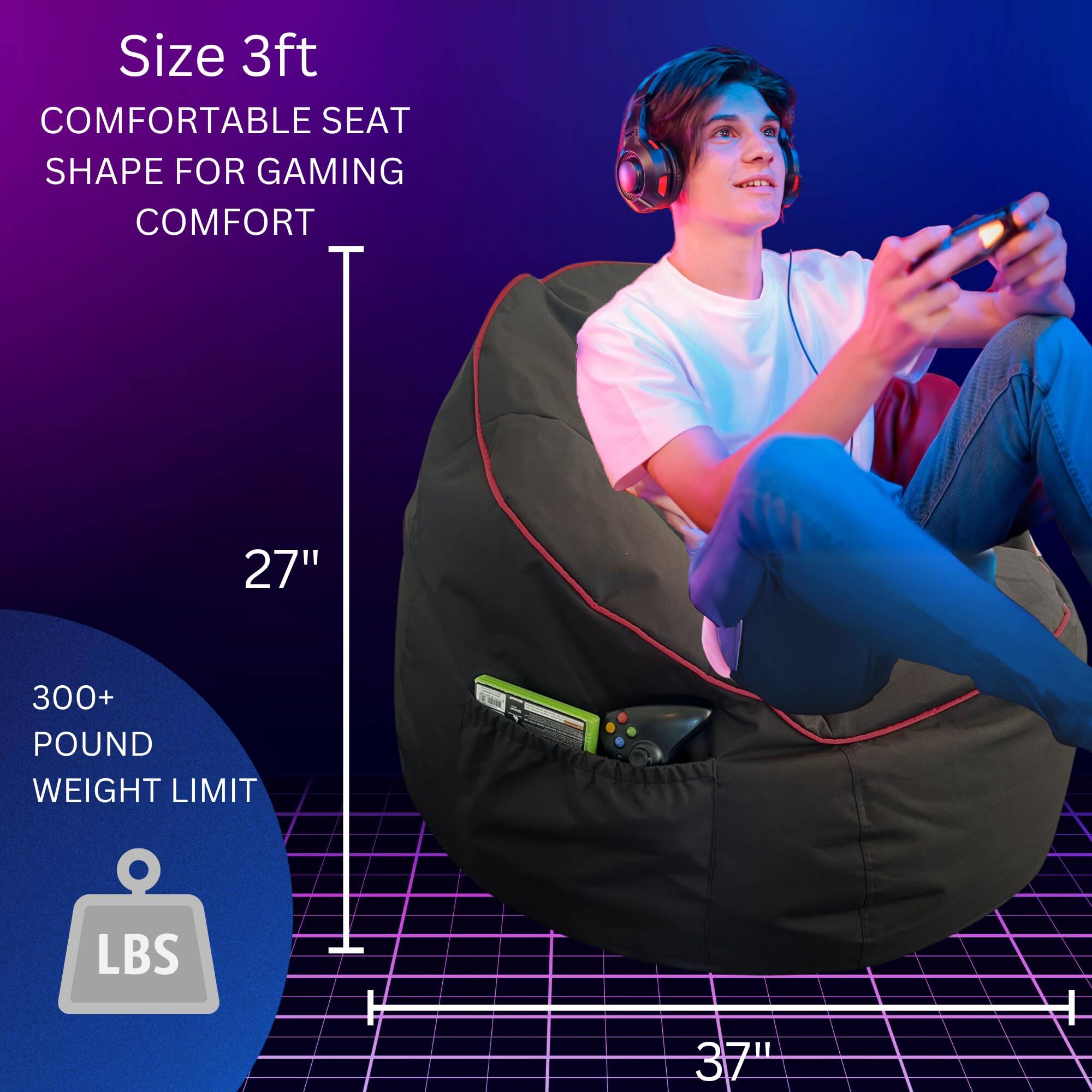 Size 3ft  
COMFORTABLE SEAT SHAPE FOR GAMING COMFORT  
27"  
300+ POUND WEIGHT LIMIT  
37"
