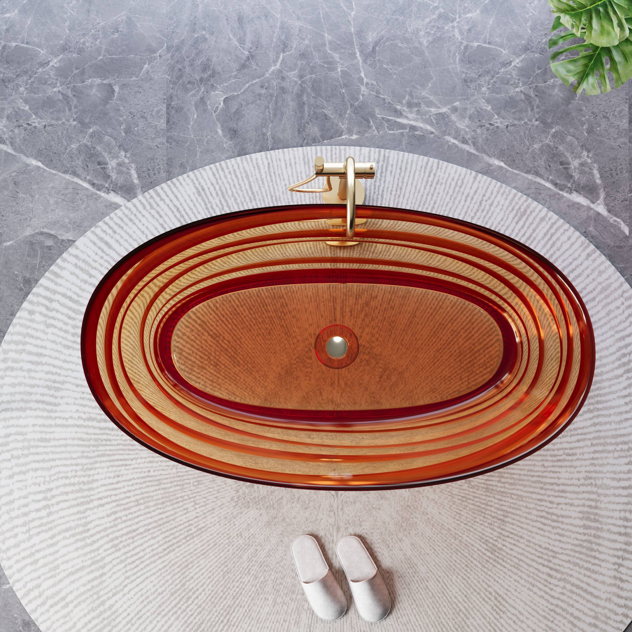 Left. WELLFOR - AQUA 62 in. x 35 in. Resin Solid Surface Flatbottom Freestanding Soaking Bathtub with Center Drain - Champagne.