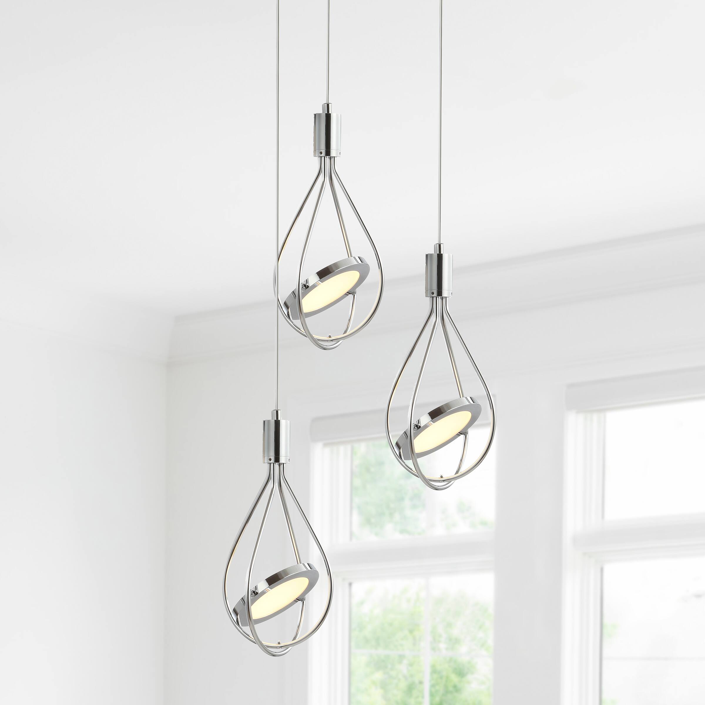 Alt View 1. Jonathan Y - Orion 11.5" Adjustable Modern Integrated 3-Light Cluster LED Metal Pendant, Chrome - Chrome.
