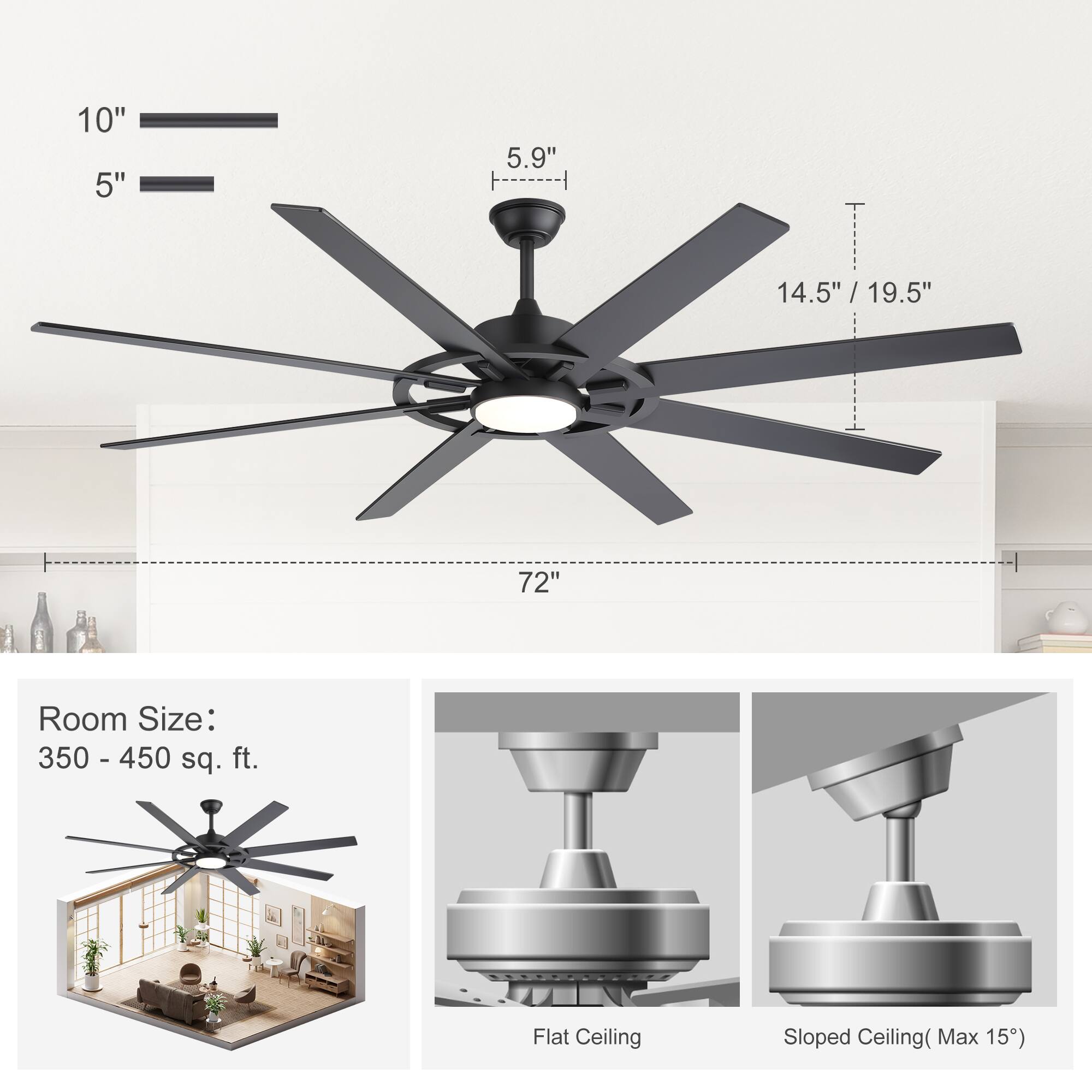 10" 5" 5.9" 14.5" / 19.5" 72"  
Room Size: 350 - 450 sq. ft.  
Flat Ceiling Sloped Ceiling (Max 15°)