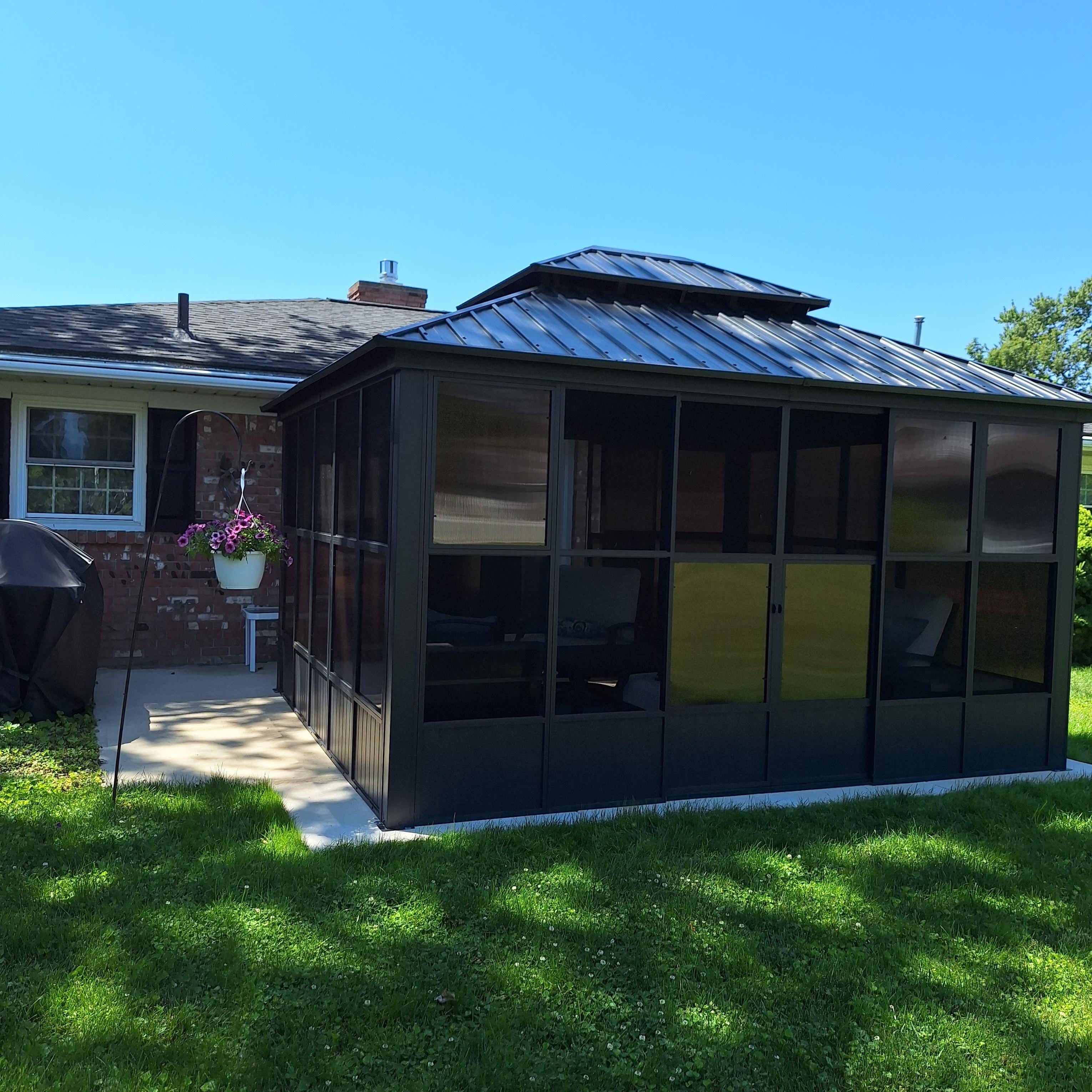 Left. PURPLE LEAF - Sunroom Outdoor Hardtop Gazebo Gray Aluminum Frame Galvanized Steel Double Roof All-Weather Screen House - 12' X 14'.