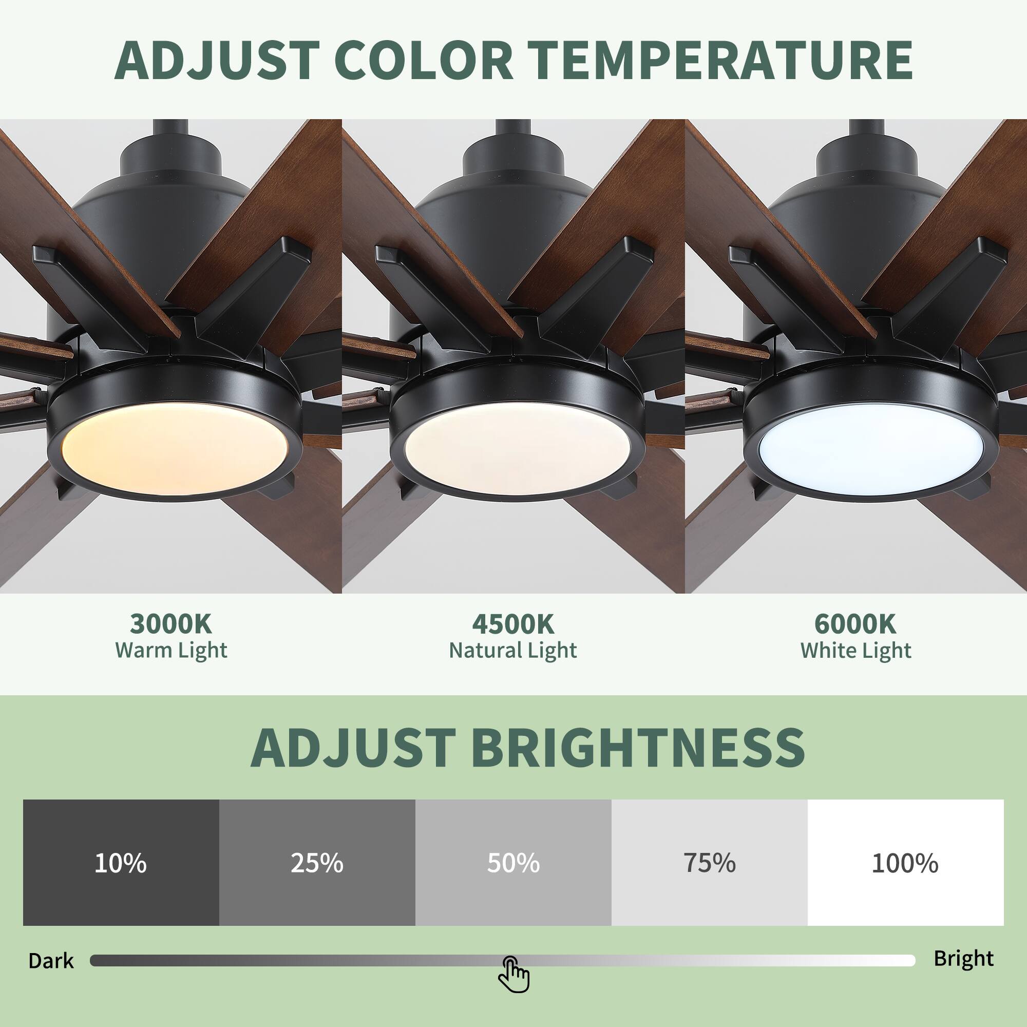 ADJUST COLOR TEMPERATURE

3000K Warm Light  
4500K Natural Light  
6000K White Light  

ADJUST BRIGHTNESS

10%  
25%  
50%  
75%  
100%  

Dark  
Bright