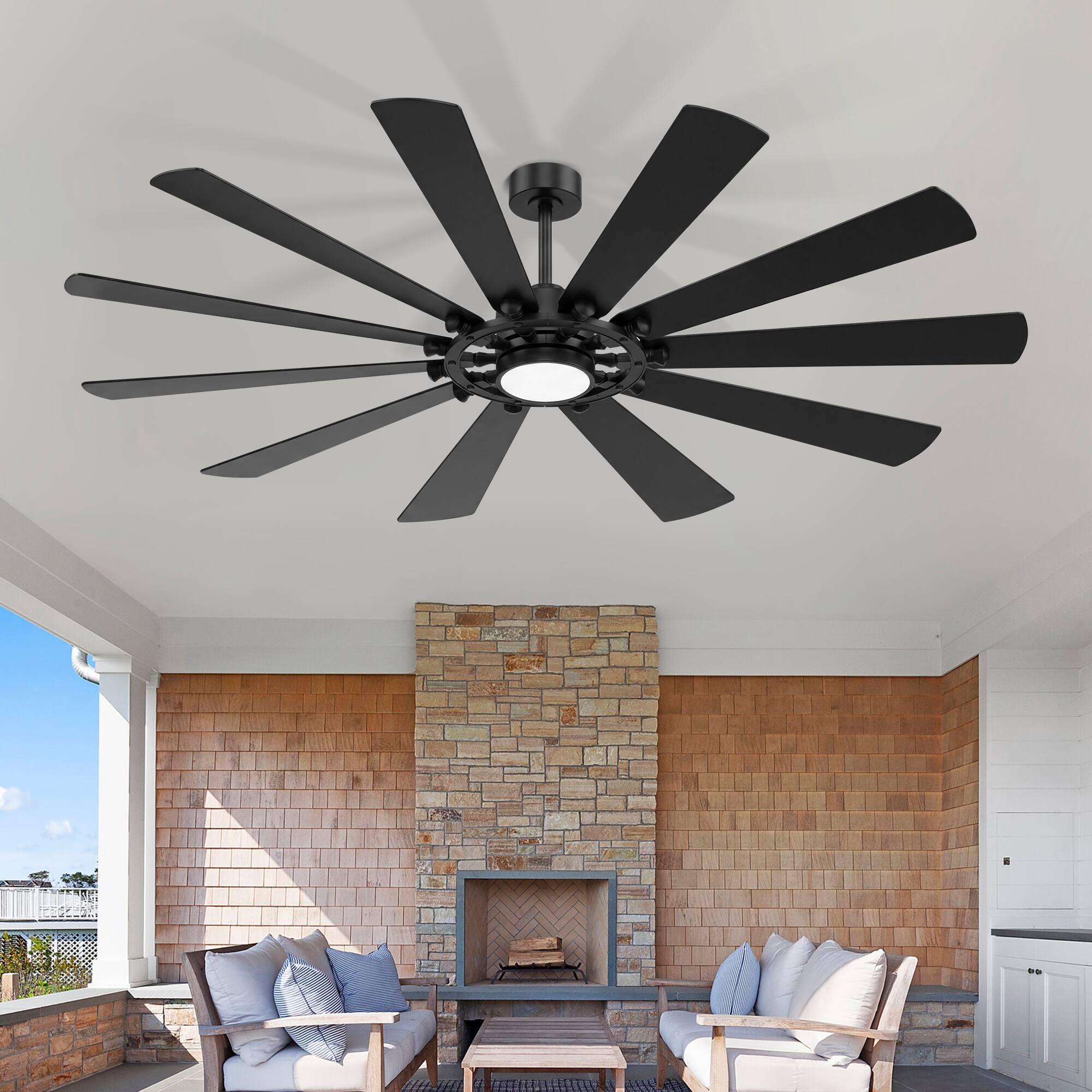 Angle. Breezary - 52-Inch Modern Ceiling Fan with 10 Plywood Blades, DC Motor, 6-Speed Remote, Tri-Color LED Light, Dual Downrod Mount - Matte Black.