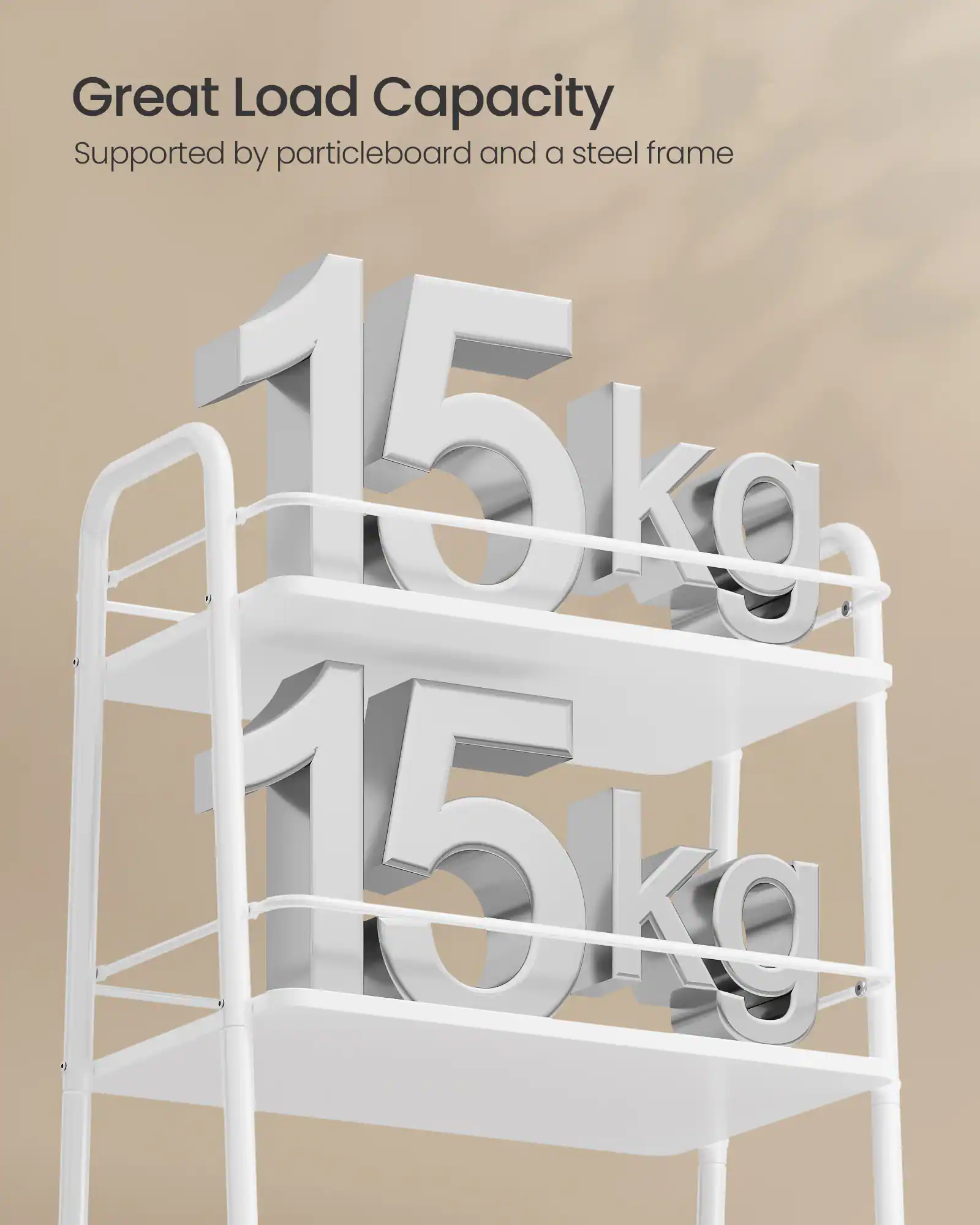 Great Load Capacity Supported by particleboard and a steel frame 15kg 15kg