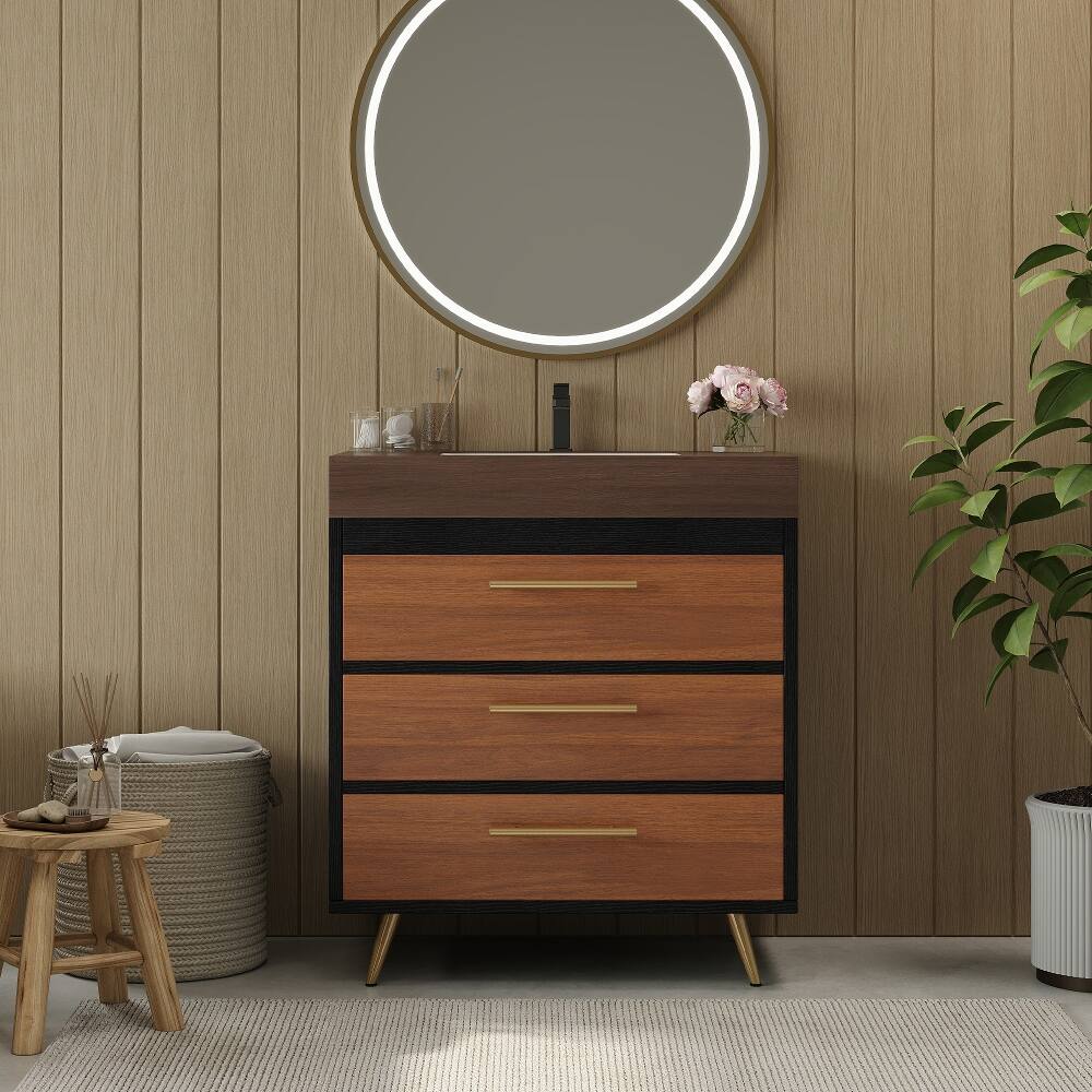 Left. Loheer - Loheer 29.9 inch bathroom vanity freestanding farmhouse vanity with ceramic vessel sink and sintered stone top - Walnut.