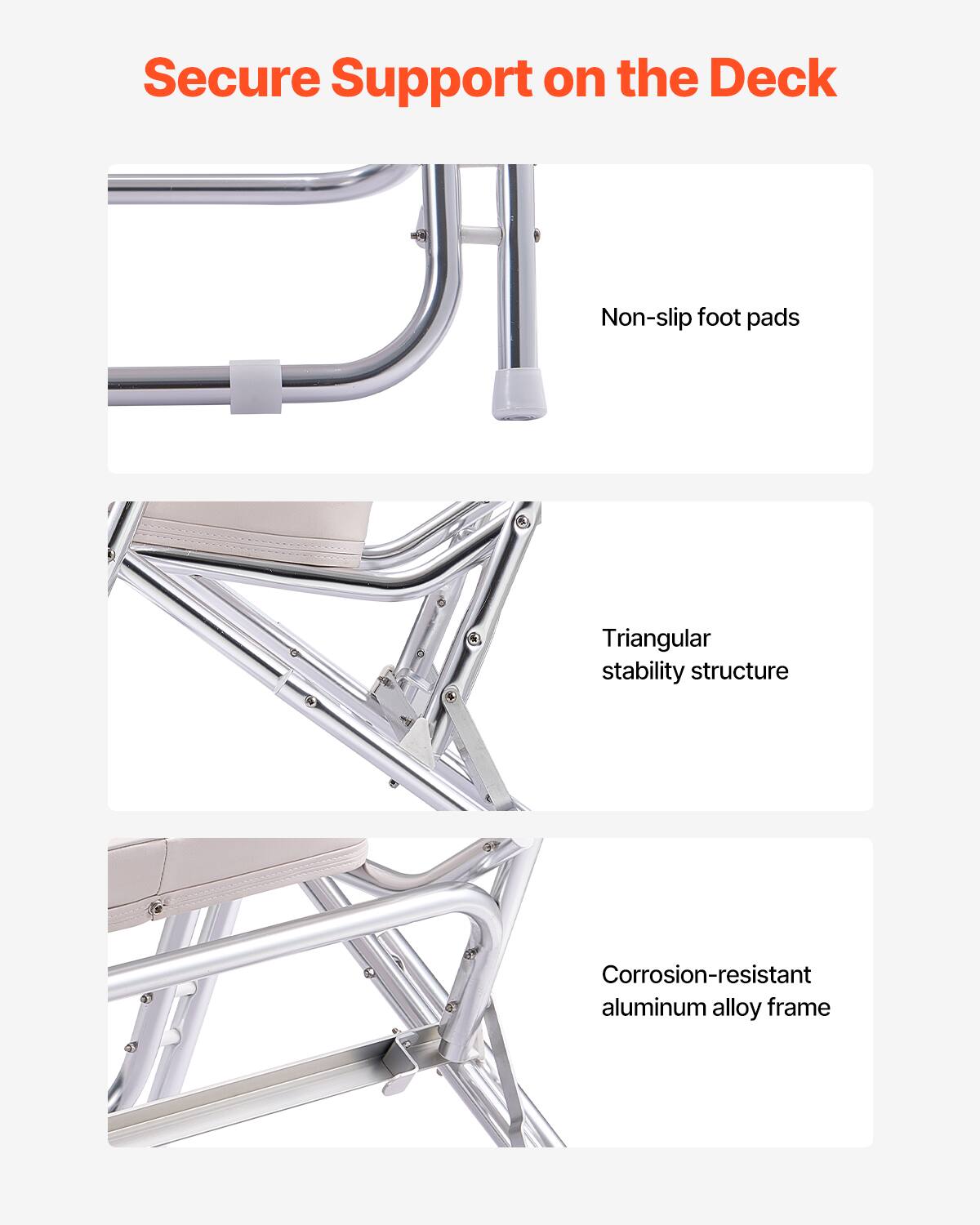 Secure Support on the Deck

Non-slip foot pads

Triangular stability structure

Corrosion-resistant aluminum alloy frame