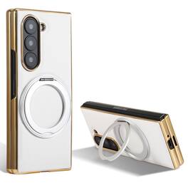 Dteck - Electroplated Leather Texture Case for Samsung Galaxy Z Fold8 Ultra, Shockproof Magnetic Rigid PC Cover with Ring Stand - White