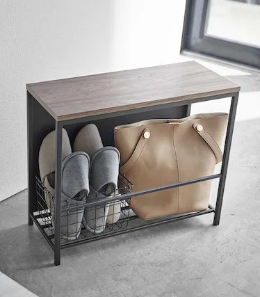Front. Yamazaki Home - Entryway Storage Organizer & Bench (18" H) - Steel + Wood - Black.