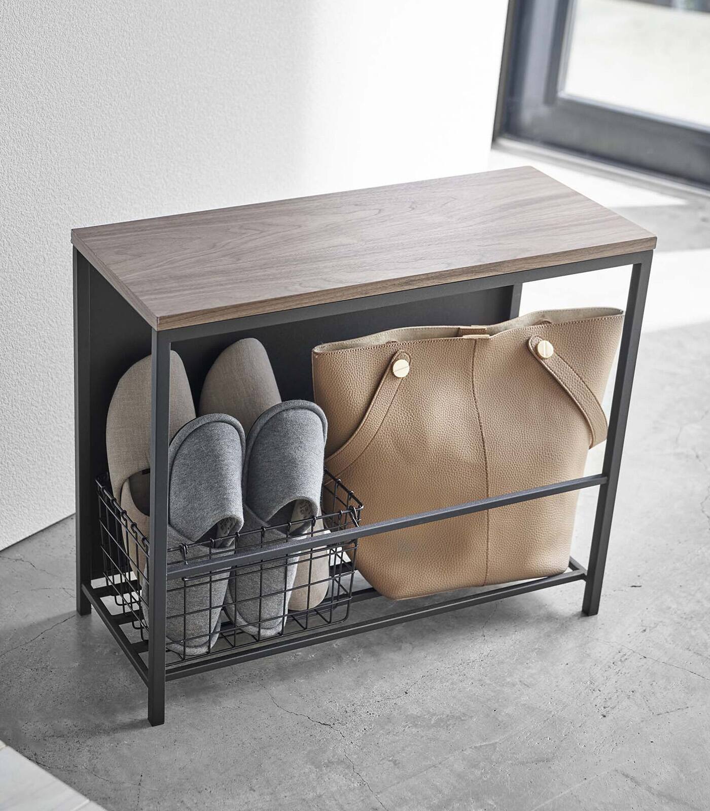 Front. Yamazaki Home - Entryway Storage Organizer & Bench (18" H)  - Steel + Wood - Black.
