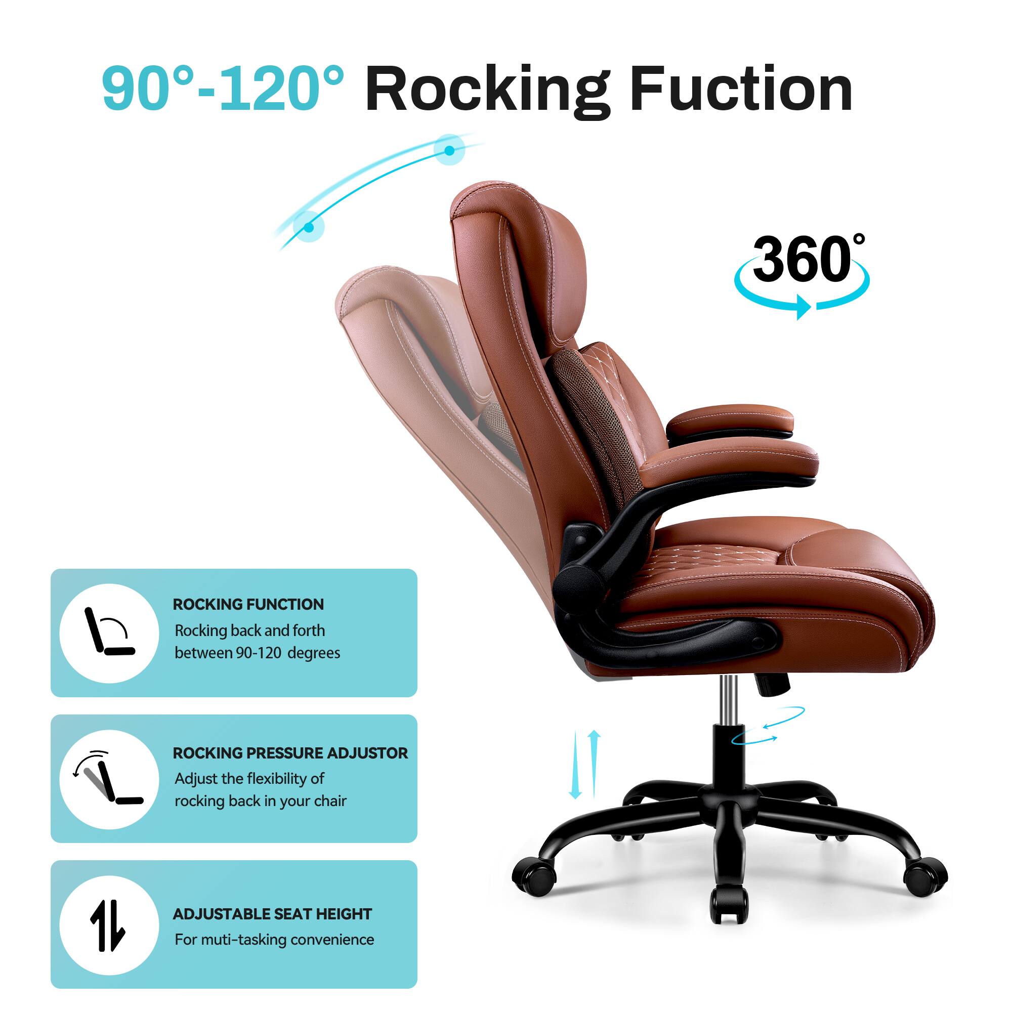 90-120 Rocking Function  
360° Rocking Function  
Rocking back and forth between 90-120 degrees  

ROCKING PRESSURE ADJUSTOR  
Adjust the flexibility of rocking back in your chair  

ADJUSTABLE SEAT HEIGHT  
For multi-tasking convenience