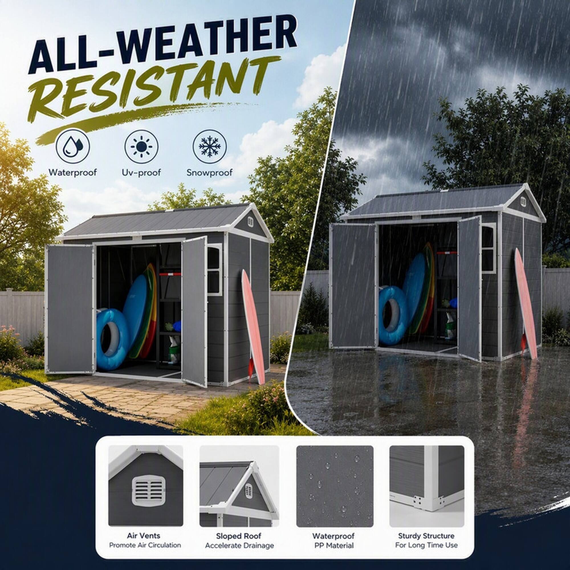 ALL-WEATHER RESISTANT  
Waterproof Uv-proof Snowproof

Air Vents Promote Air Circulation  
Sloped Roof Accelerate Drainage  
Waterproof PP Material  
Sturdy Structure For Long Time Use