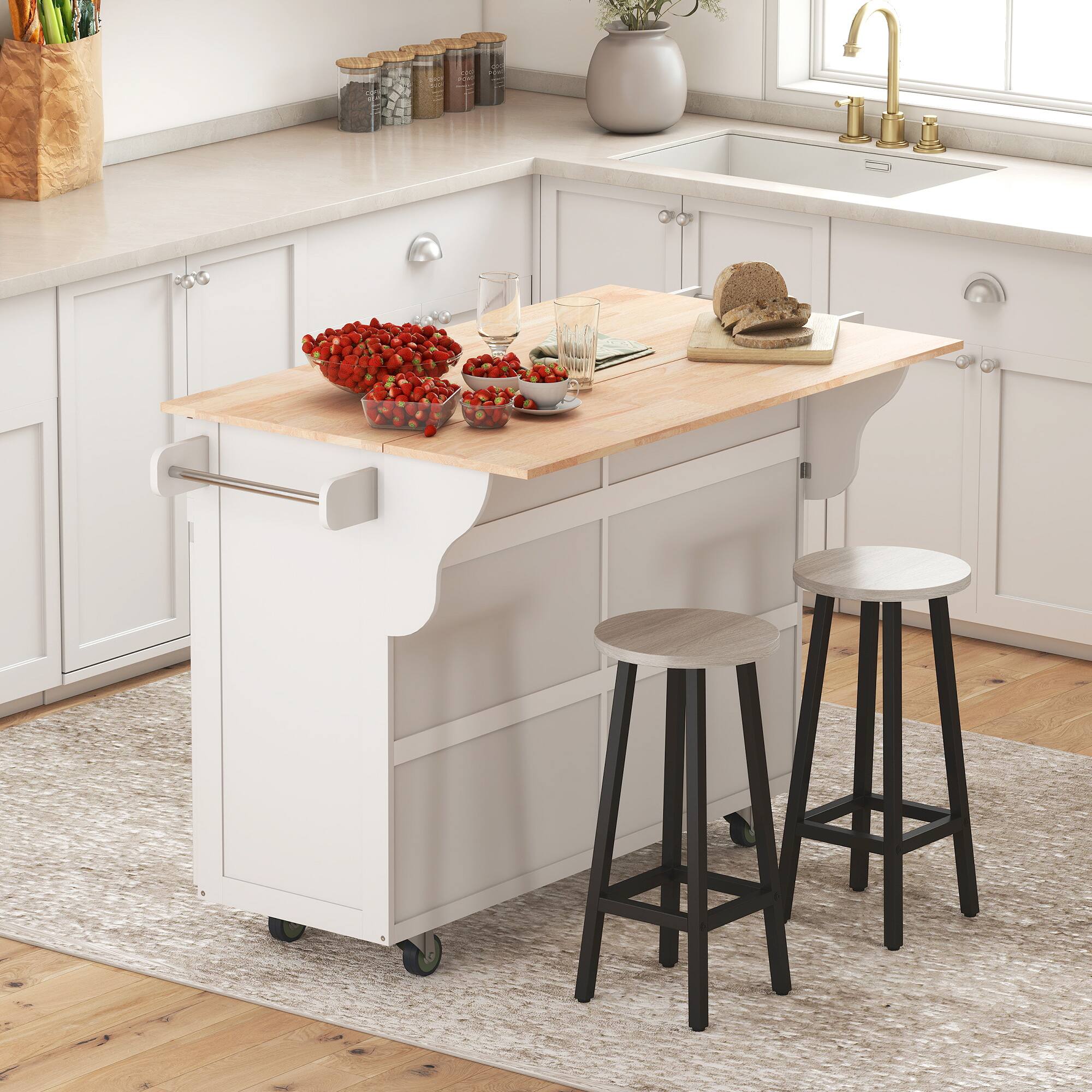 Alt View 1. Homcom - Rolling Kitchen Island Cart with Drop Leaf, Kitchen Cart on Wheels with Rubber Wood Top, 2 Drawers - White.