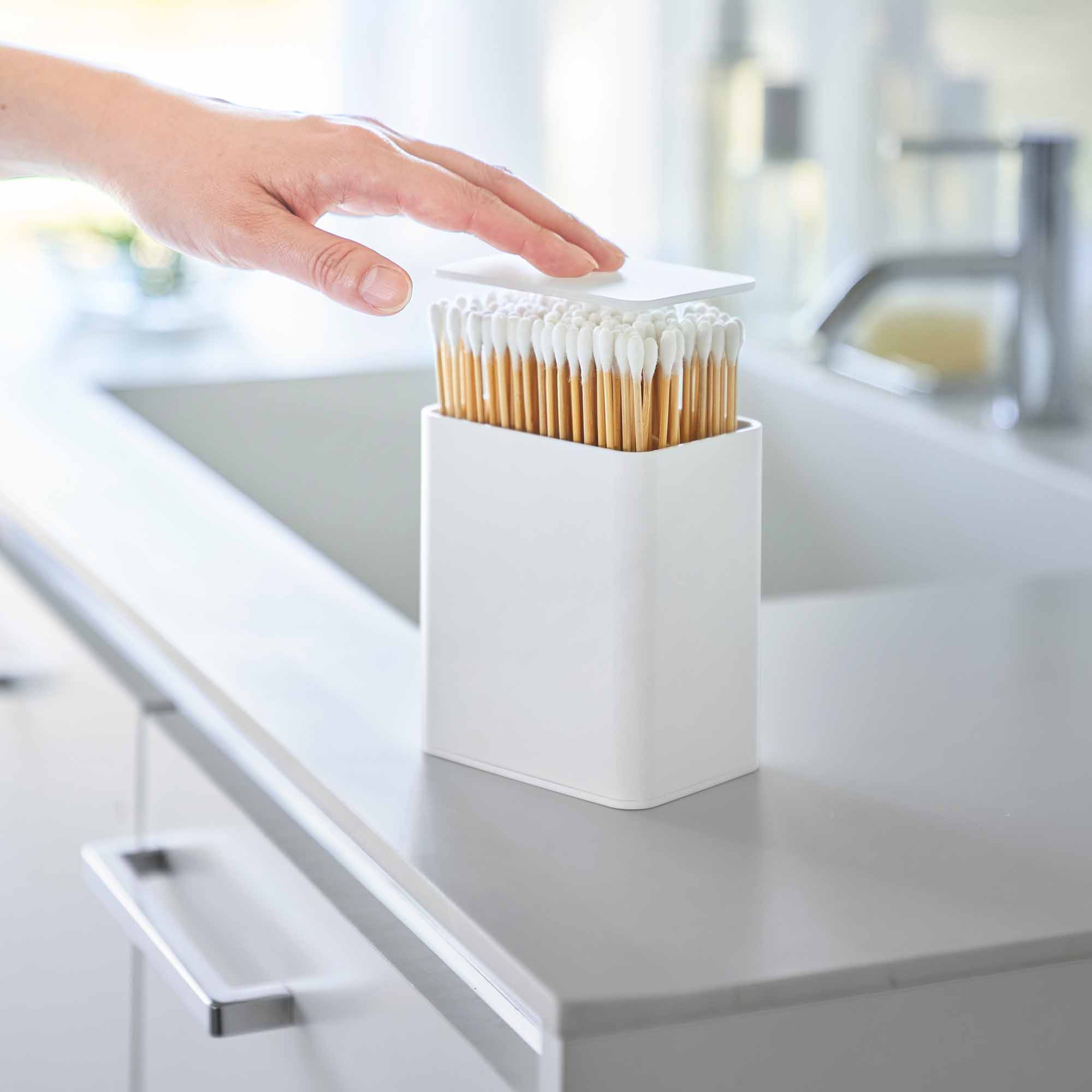 Back. Yamazaki Home - Cotton Swab Push-Top Case - Black.