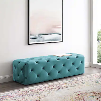 Front. Modway - Amour 60" Tufted Button Entryway Performance Velvet Bench by Modway - Sea Blue.