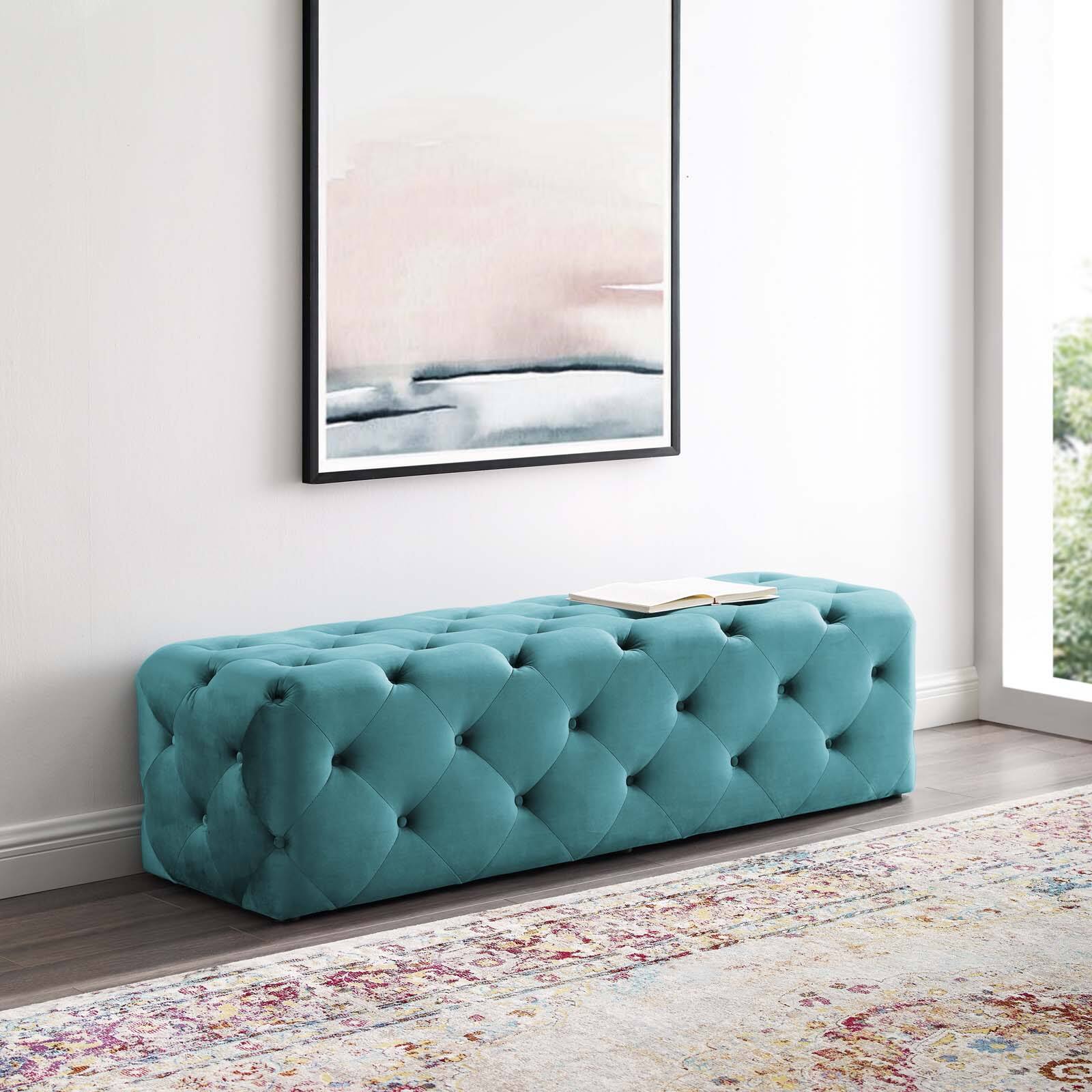 Front. Modway - Amour 60" Tufted Button Entryway Performance Velvet Bench by Modway - Sea Blue.