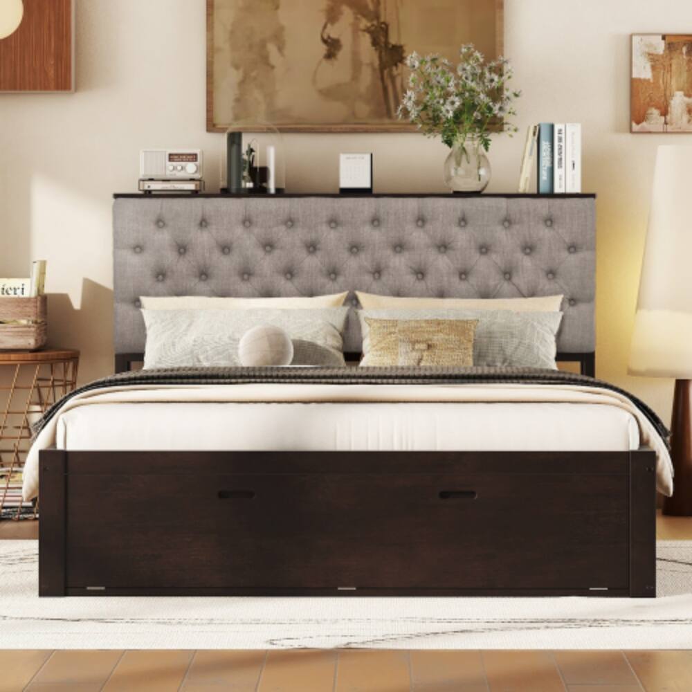 Angle. LUCKY ONE - Queen Size Wood Platform Bed with Storage Headboard, 4 Drawers, Shoe Rack, Wood Slats, No Box Spring Needed - Espresso.