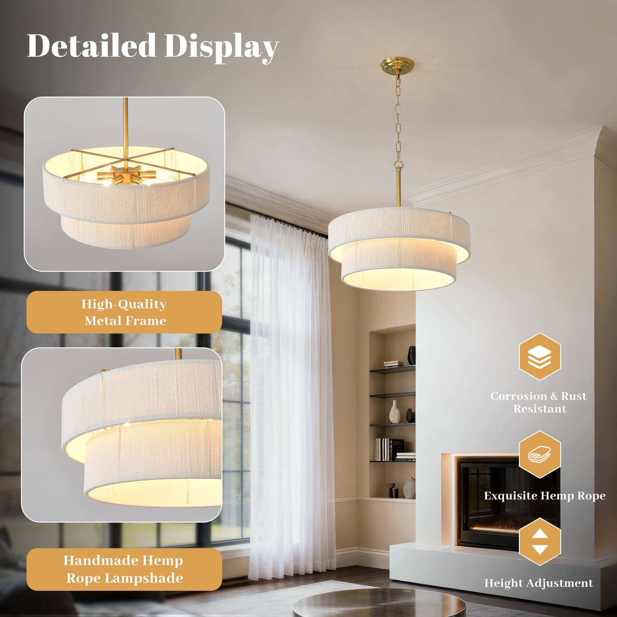 Detailed Display

- High-Quality Metal Frame
- Handmade Hemp Rope Lampshade
- Corrosion & Rust Resistant
- Exquisite Hemp Rope
- Height Adjustment
