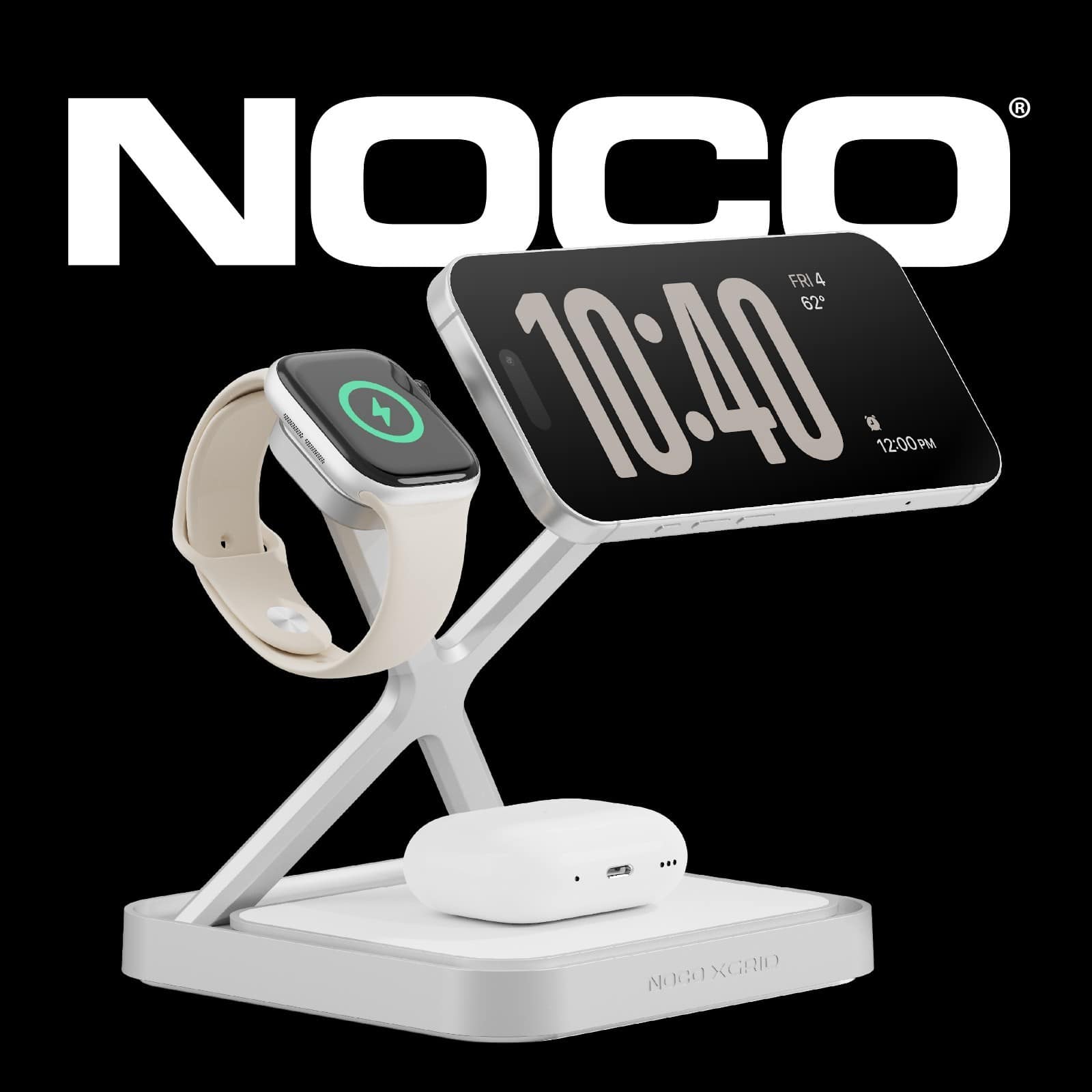 NOCO - XGrid XDS3: 3-in-1 Wireless Charging Stand for iPhone, Apple Watch & AirPods – MagSafe Compatible + Qi2 Certified - White