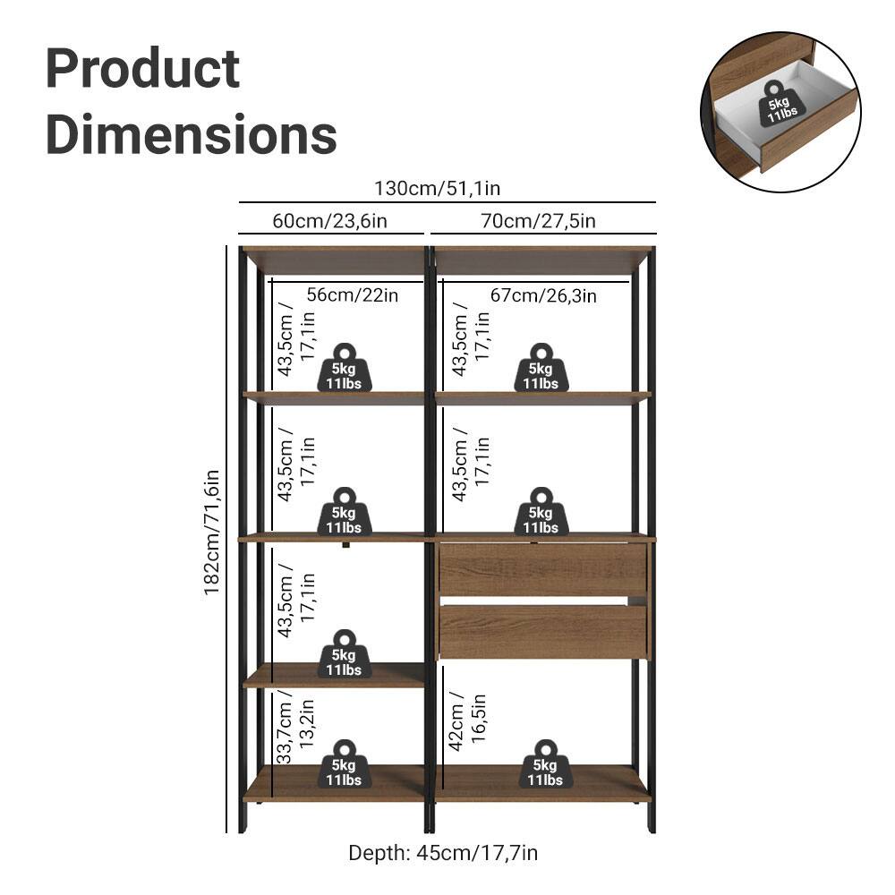 Product Dimensions

- Width: 130cm / 51.1in
- Depth: 60cm / 23.6in
- Height: 182cm / 71.6in
- Shelf Dimensions:
  - 67cm / 26.3in (Width) x 43.5cm / 17.1in (Depth) x 5kg / 11lbs
  - 67cm / 26.3in (Width) x 43.5cm / 17.1in (Depth) x 5kg / 11lbs
  - 67cm / 26.3in (Width) x 43.5cm / 17.1in (Depth) x 5kg / 11lbs
  - 67cm / 26.3in (Width) x 43.5cm / 17.1in (Depth) x 5kg / 11lbs
  - 67cm / 26.3in (Width) x 43.5cm / 17.1in