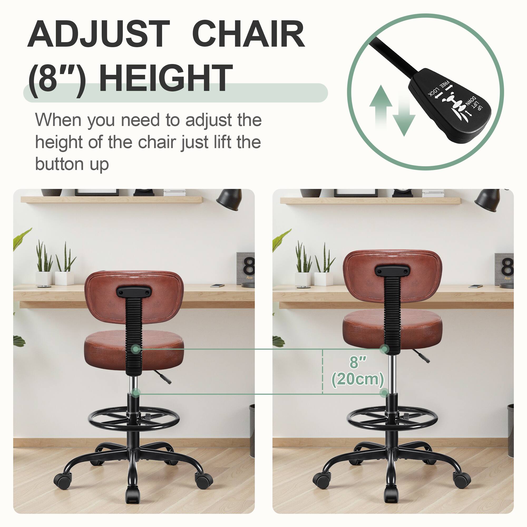 ADJUST CHAIR (8") HEIGHT

When you need to adjust the height of the chair just lift the button up

8" (20cm)